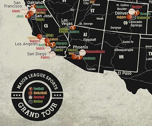 Vista 3 de Grand Tour Mapa del estadio de la Liga Mayor, fútbol, béisbol, baloncesto, hockey (30 pulgadas de ancho x 20 pulgadas de alto)