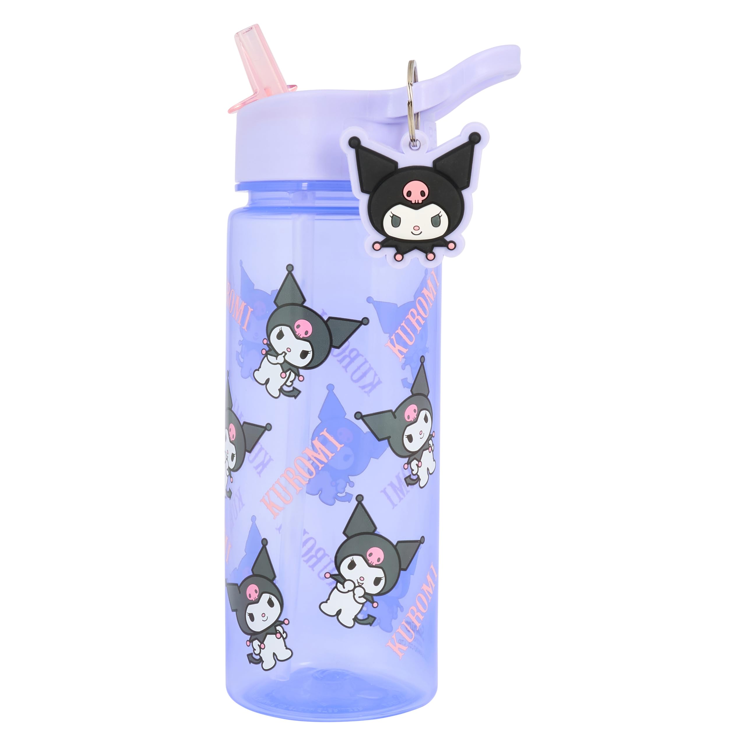 Kuromi Purple Water Bottle with Straw, 500ml Polypropylene Drink Bottle with Character Charm Keyring