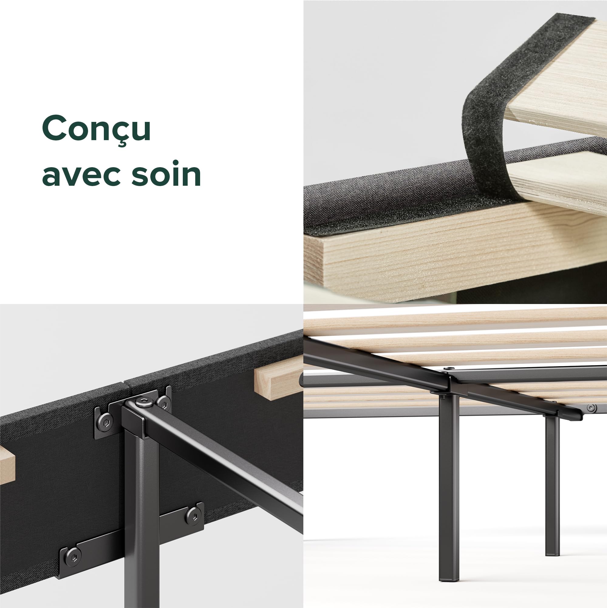 Zinus Maya Sommier 140x190 cm avec Lattes en Bois - Hauteur 30 cm - Cadre & Tête de Lit 2 Personnes Tapissier - Montage Facile - Gris Foncé