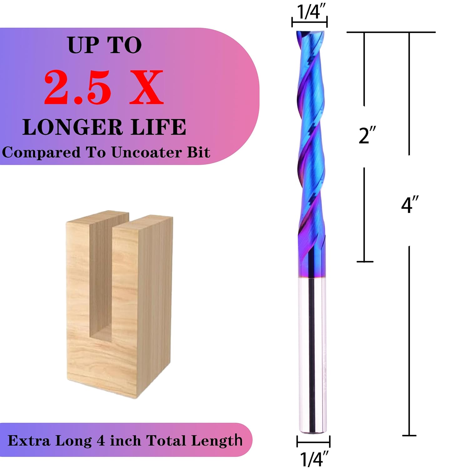 Extra Long 4 Inch Upcut Spiral CNC Router Bit 1/4 Inch Shank,2 Inch Cutting Length Solid Carbide with NACO Coating End Mill for Wood Cut, Trimming, Carving,Engraving