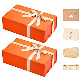 LIFELUM Orange Gift Boxes, 13.85 x 8.35 x 4.45 inch 2 Pack Gift Boxes with Lids Contains Card, Ribbon, Shredded Paper Filler for Holidays,Thanksgiving,Birthdays, Bridal Gifts,Weddings