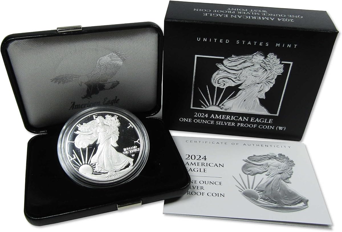 Lingotes a prueba de elección American Silver Eagle de 2024 W Moneda de $ 1 OGP COA | Moneda coleccionable: Dólar Águila Americana, 2024-W, Plata, Choice Proof