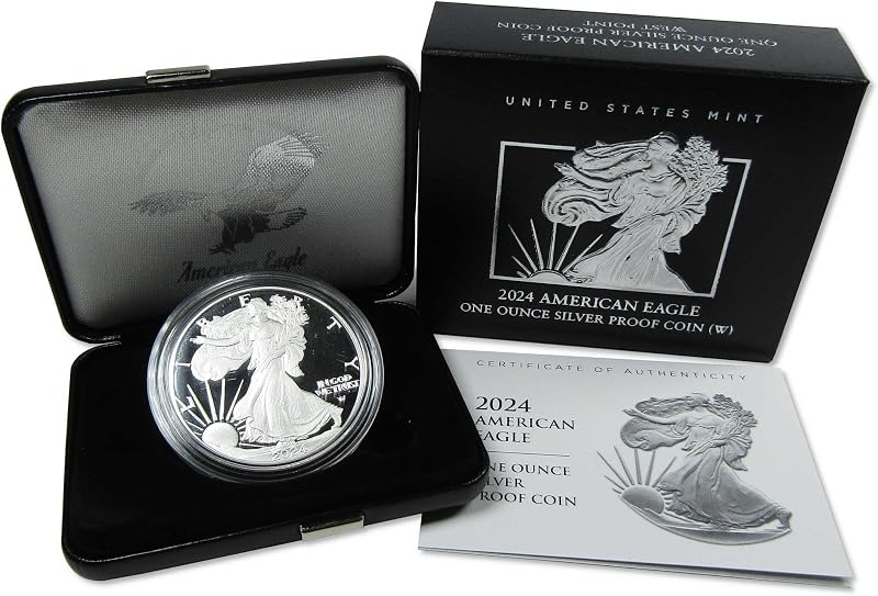 Lingotes a prueba de elección American Silver Eagle de 2024 W Moneda de $ 1 OGP COA | Moneda coleccionable: Dólar Águila Americana, 2024-W, Plata, Choice Proof