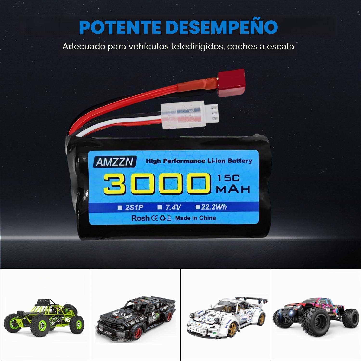 2 baterías de 7,4 V 3000 mAh 15 C 2S en forma de T de iones de litio con cargador 2 en 1 para WLtoys 12423 MJX 14301 14303 14302 H16PL RC coche, camión RC a escala 1/10, 1/12, 1/16