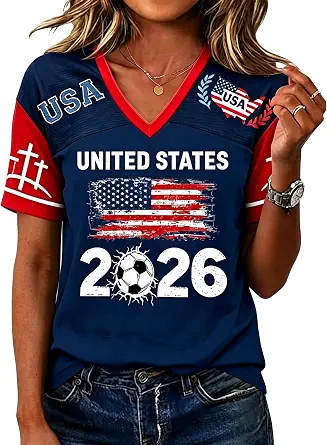 Women’s USA Soccer 2026 Shirt - Game Day T-Shirt with Graphic V-Neck Short Sleeve