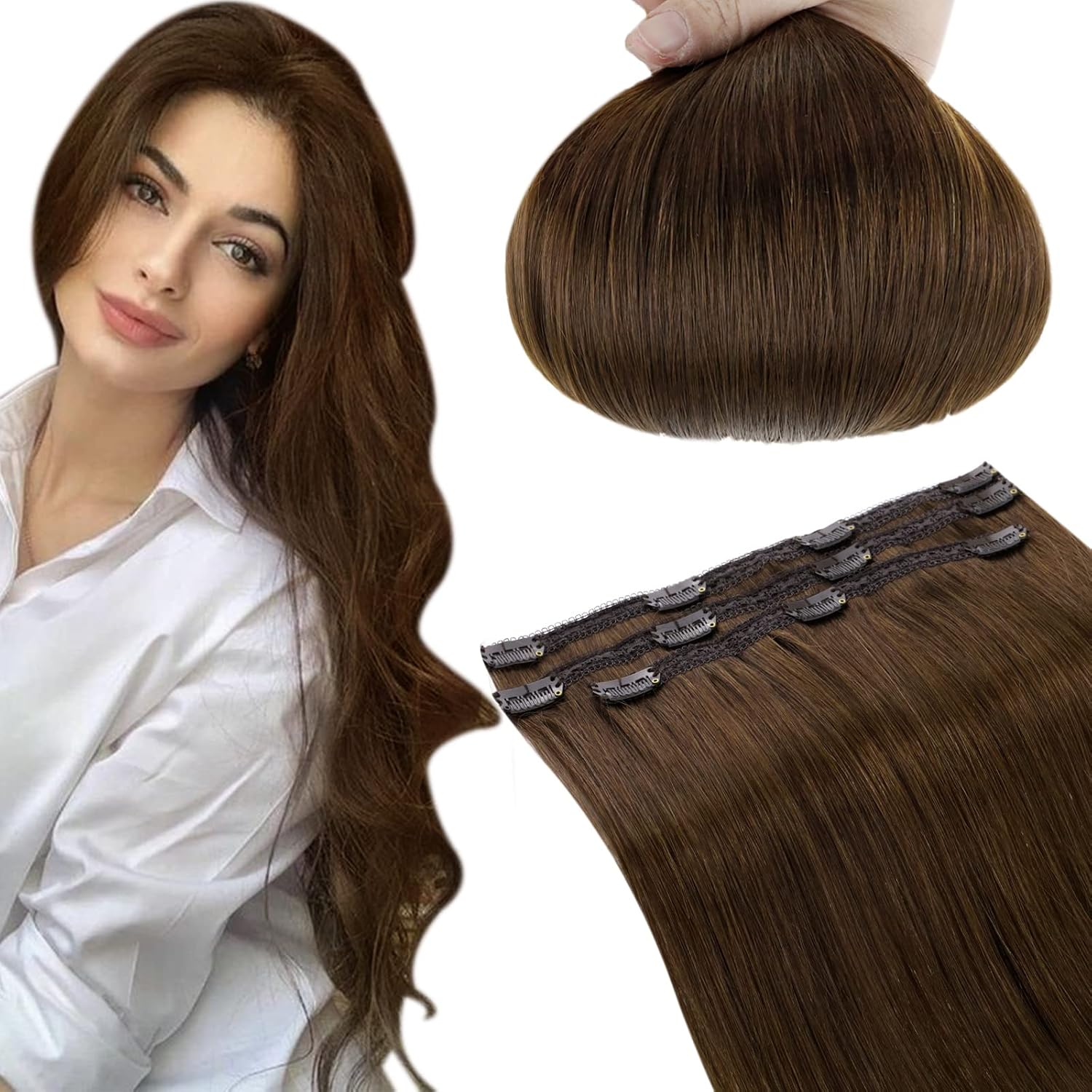 RUNATURE Clip in Hair Extensions Real Human Hair Brown 20 Inch Clip in Human Hair Extensions Remy Brown Clip in Extensions Human Hair Straight 50gram 3PCS