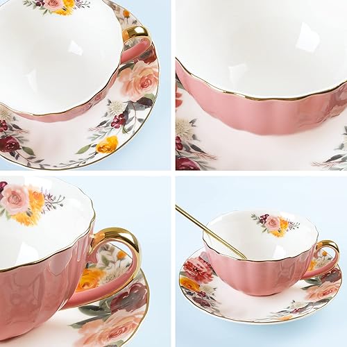 Miniatura 2 de fanquare Taza de té rosa inglesa, taza de té de porcelana floral con cuchara, juego de taza de té de cerámica y platillo, 7 onzas