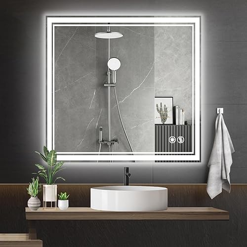 Miniatura 8 de Espejo LED de baño con luces de 24 x 36 pulgadas, antiniebla, regulable, 3 colores frontal y retroiluminado, espejo LED para baño, espejo iluminado