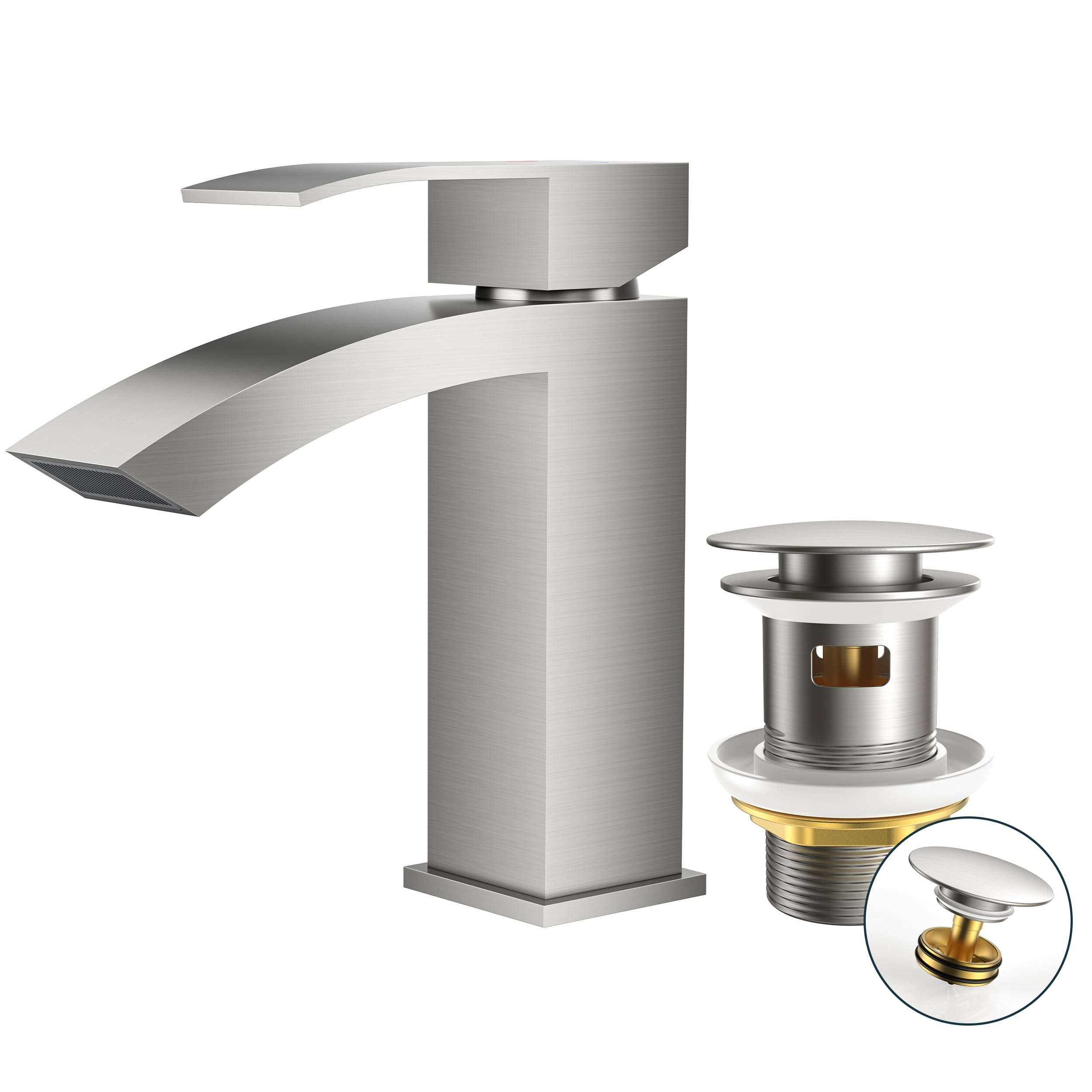 FORIOUS Wasserhahn Bad mit Ablaufgarnitur, Wasserfall Waschtischarmatur, Mischbatterie Armatur Badezimmer, Gitterauslauf, Energiesparend & Wassersparend