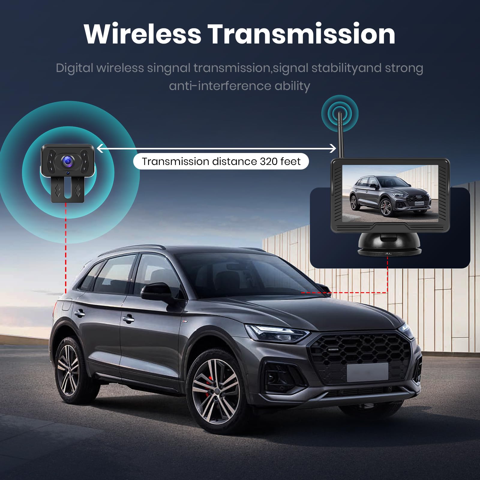 Kit Telecamera Retromarcia Senza Fili con 4,3'' IPS Monitor, Telecamera di Backup Impermeabile IP69 Segnali Digitali Stabili,Visione Notturna con Grandangolare, Telecamera per Auto/RV/Camper