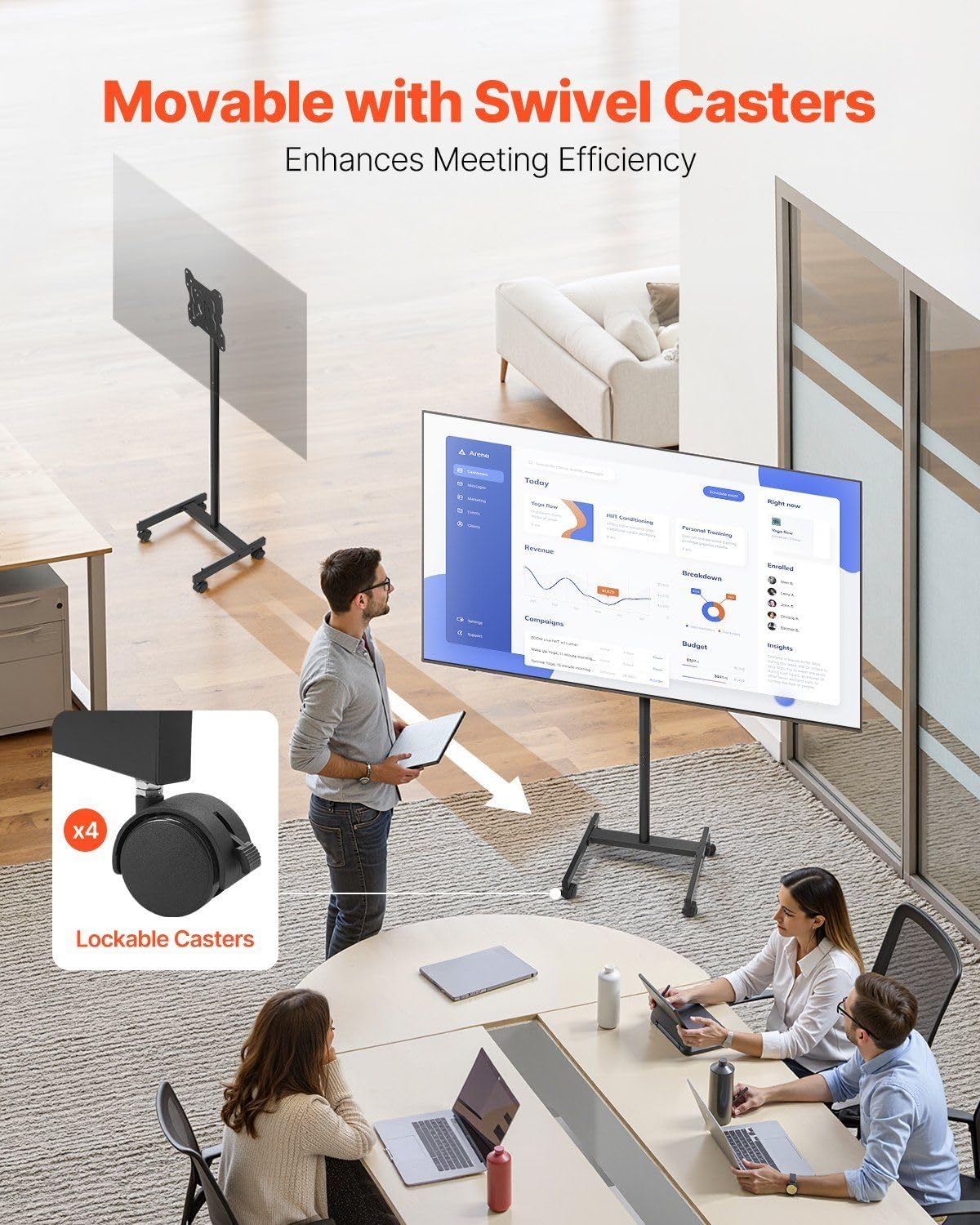 Image showing a TV stand with swivel casters, highlighting the lockable wheels and its use in an office setting.