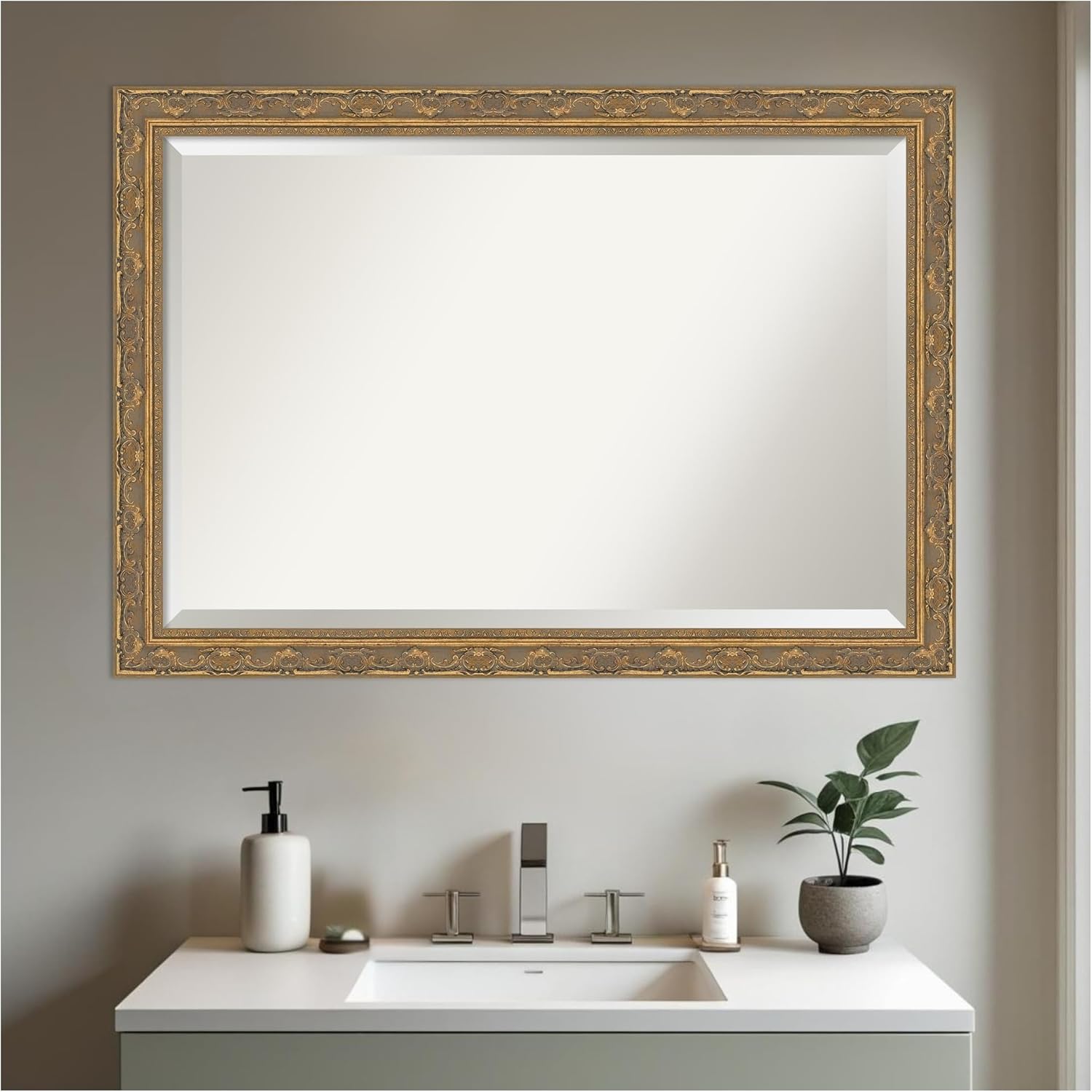 Amanti Art Gold Bathroom Mirror for Over Sink, 28x40 Filigree Gold Rectangle Vanity Mirror, Large Traditional Frame, Hangs Horizonally and Vertically, Bathroom Wall Decor, Beveled Edge