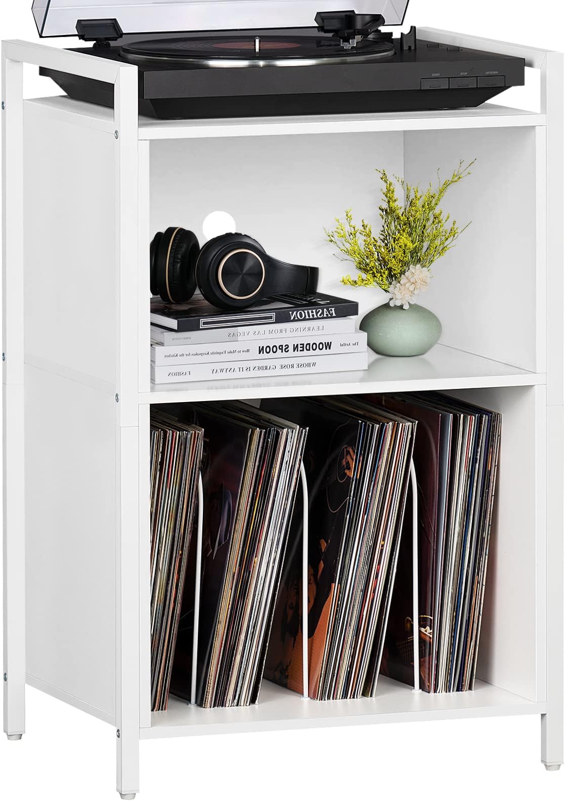YAHARBO Turntable Stand, 3-Shelf White Vinyl Record Holder with Storage, Holds Up to 180 Albums, for Living Room, Bedroom
