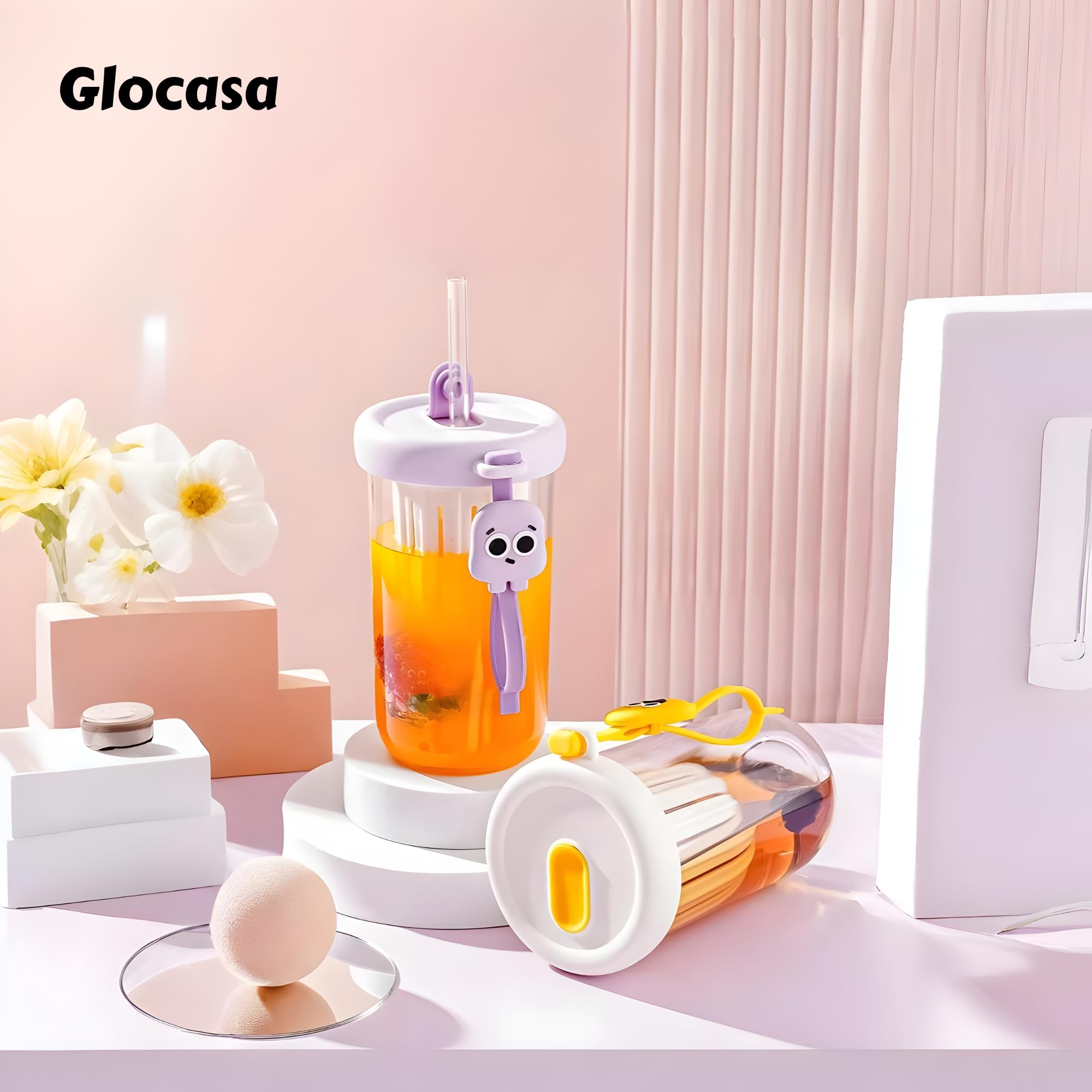 GLOCASA Cute Glass Tea Infuser Tumbler with Straw & Lid - Reusable Loose Leaf Tea Cup, Easy Brew Clear Glass Mug for Home, Office & Gifting (400 ML) 1 PICS Multicolur 1