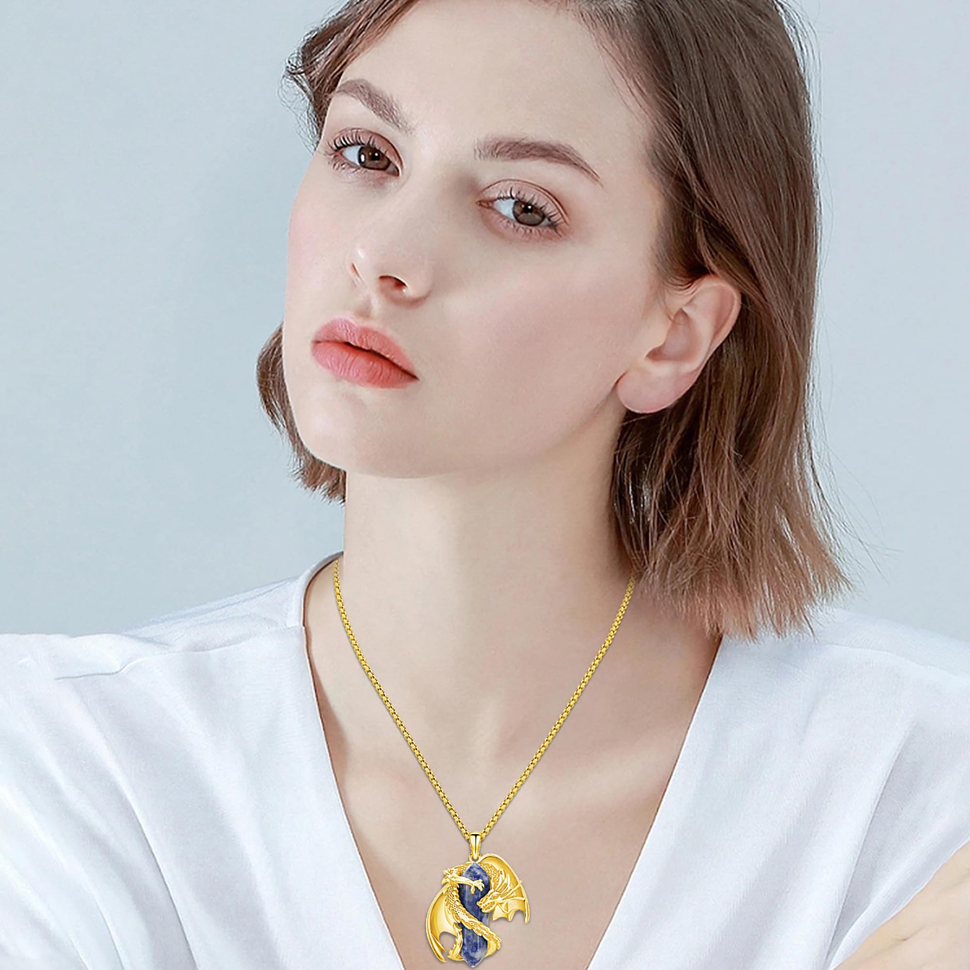 Drachen Kette Wikinger Drache Kristall Anhänger Heilkristall Halskette Gothic Naturkristall Schmuck Geschenk für Herren Damen Kristallkette