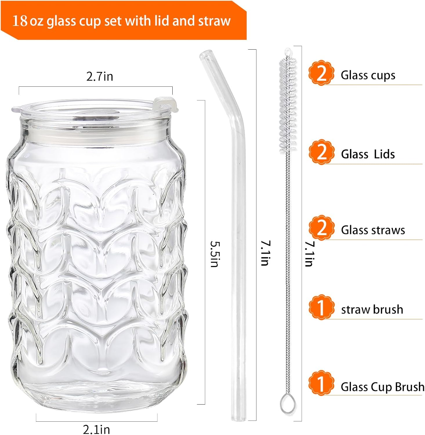 Jiuchen Glass Cups with Lids & Glass Straws 2PCS Set 18oz - Borosilicate Heat Shatter-Resistant Tumblers for Iced Coffee, Cold Brew, Bubble Tea, Smoothies & Juice, Includes Dual Cleaning Brushes - Image 2