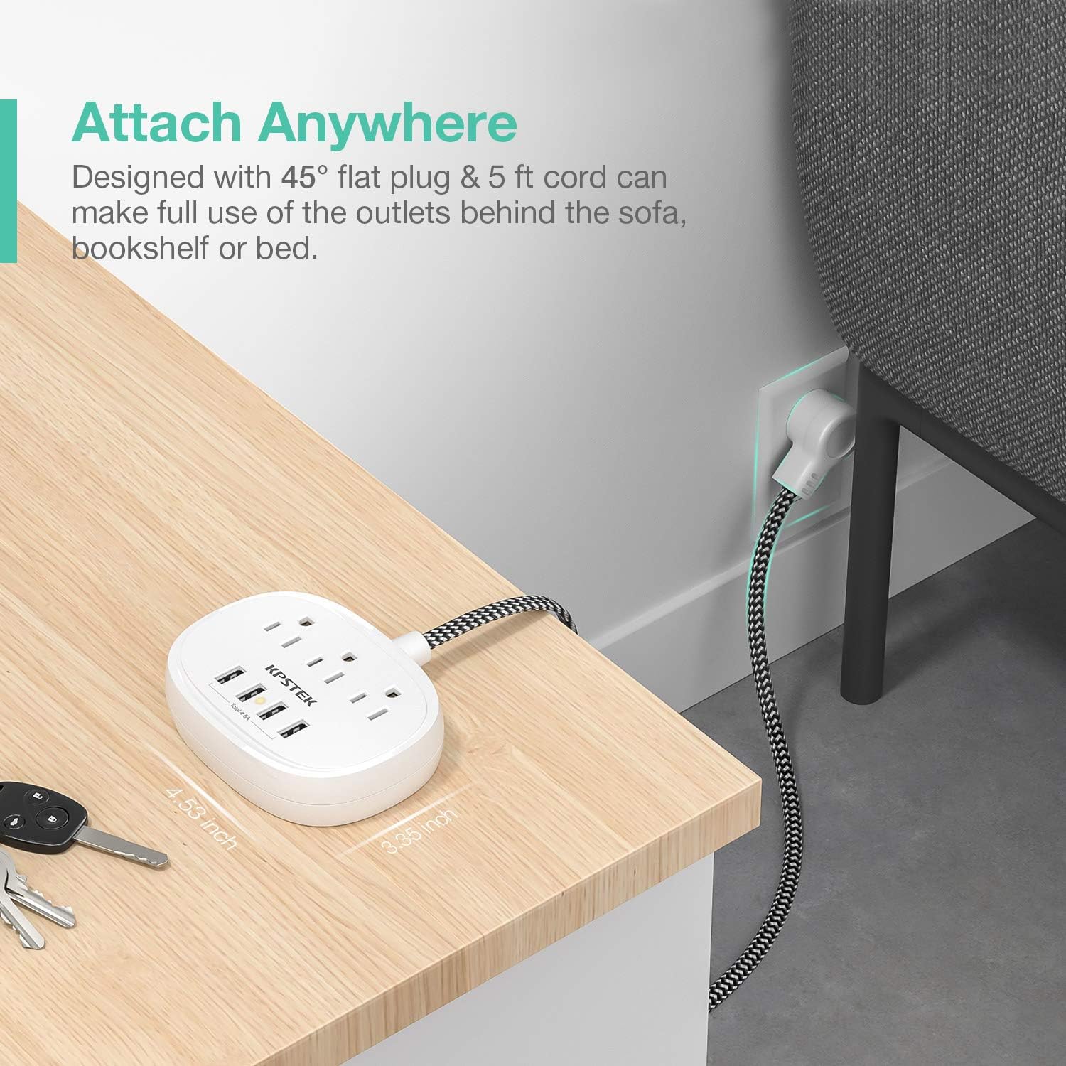 Power Strip Flat Plug with USB, KPSTEK 5ft Braided Extension Cord with 3 Outlets and 4 USB (Total 4.5A), Desktop Non-Slip Charging Station,Dorm Essentials and Home Office Accessories, White – KS201