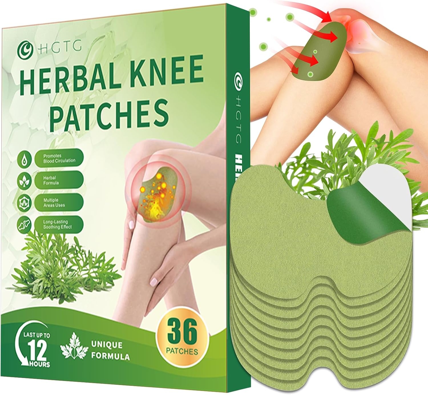 36Pcs Knee Patches: Adhesive Natural Heat Patches for Knee Relief, Wormwood Extract Heat Relief Patch for Long Lasting, Warming Herbal Heating Patches for Knee, Back, Neck, Shoulder, Joint, Muscle