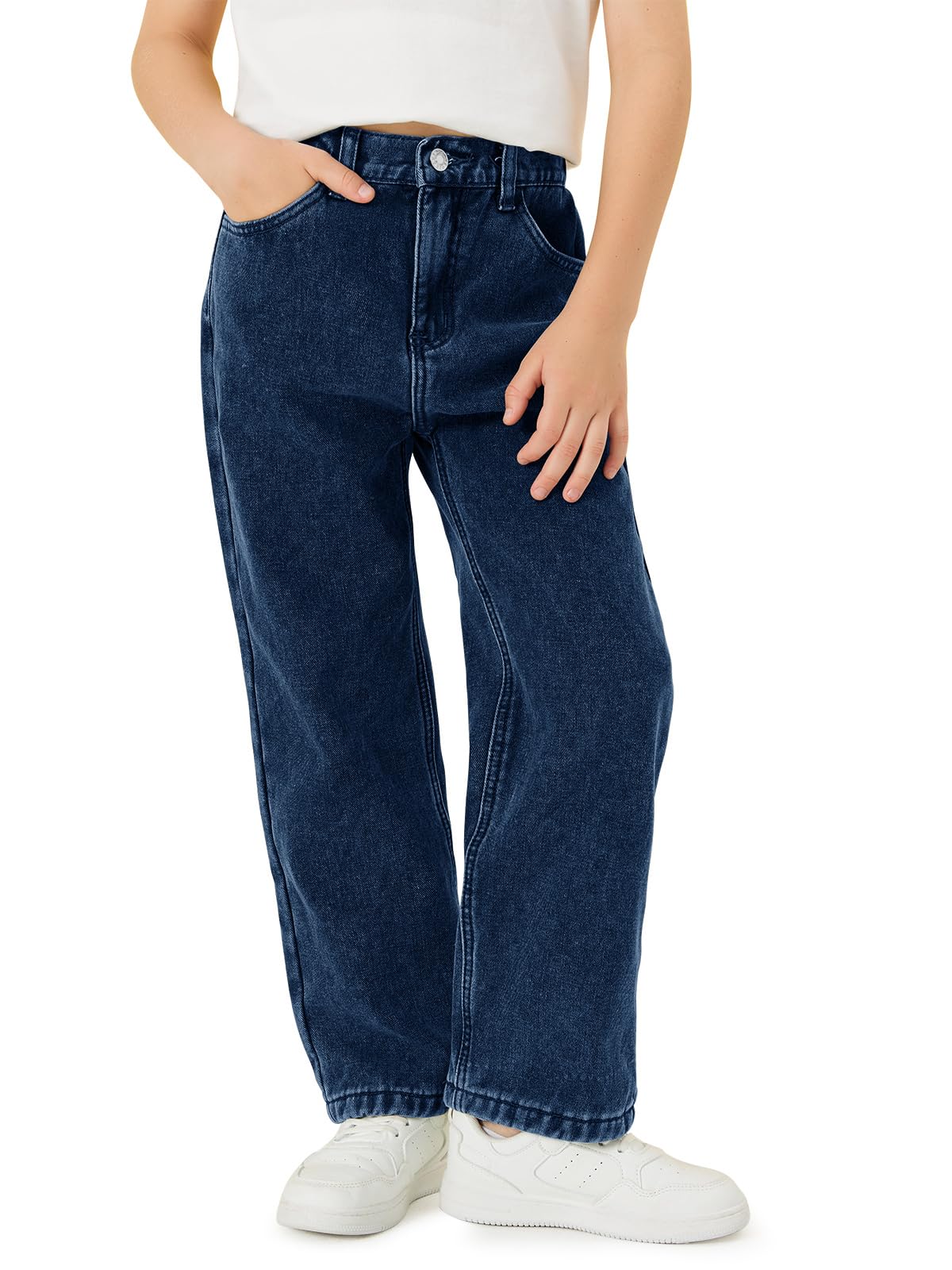 Haloumoning Jeans da ragazzo foderati in pile termico per bambini con elastico in vita gamba dritta pantaloni in denim con tasche