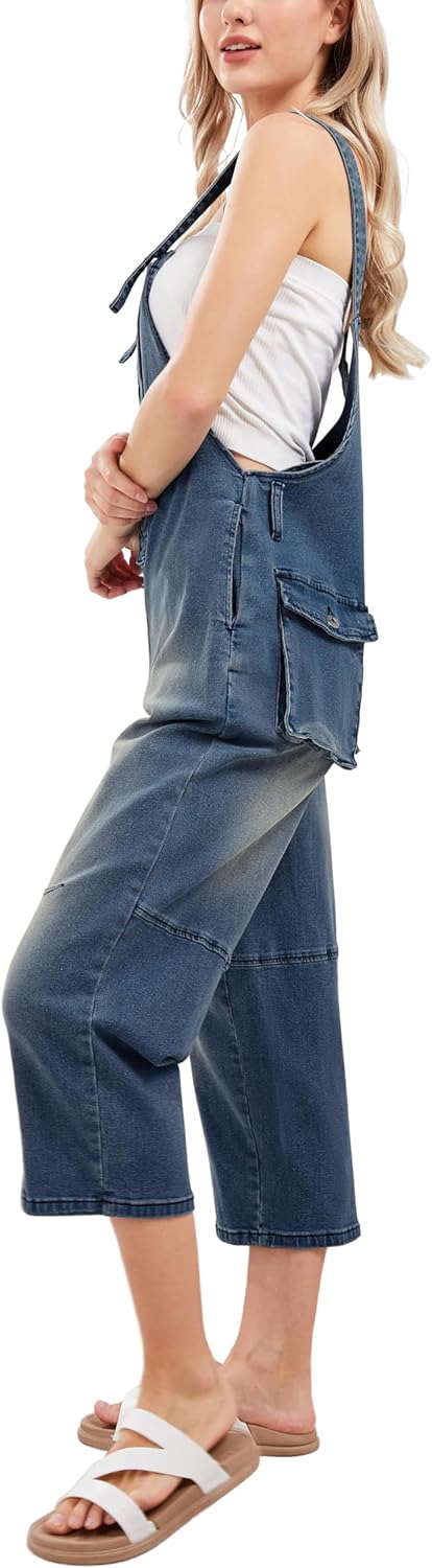 CHARTOU Women's Casual Loose Fit Jean Jumpsuit Overalls Crop Harem Denim Pants - Image 7