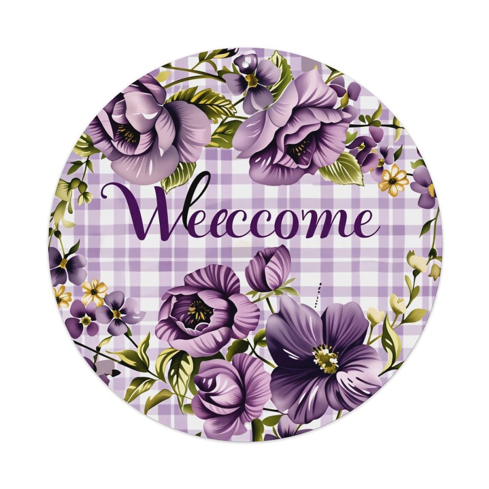 Purple Flowers Welcome Wreath Pattern Vintage Round Tin Sign Retro Metal Wall Decor Metal Poster, Home Bar Garage Cafe Wall Art Decoration 8x8Inches