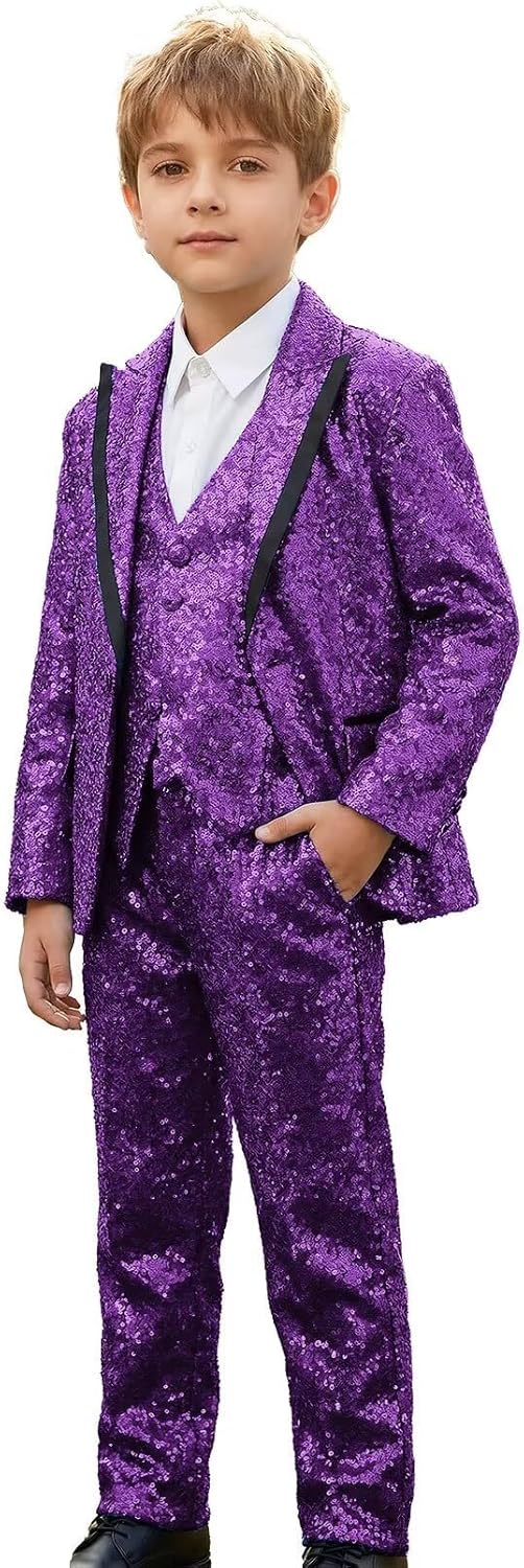 Sequin Suits for Boys 3 Piece Sparkly Peak Lapel Kids Tuxedo Suit Set Wedding Prom Party Blazer Vest Pants