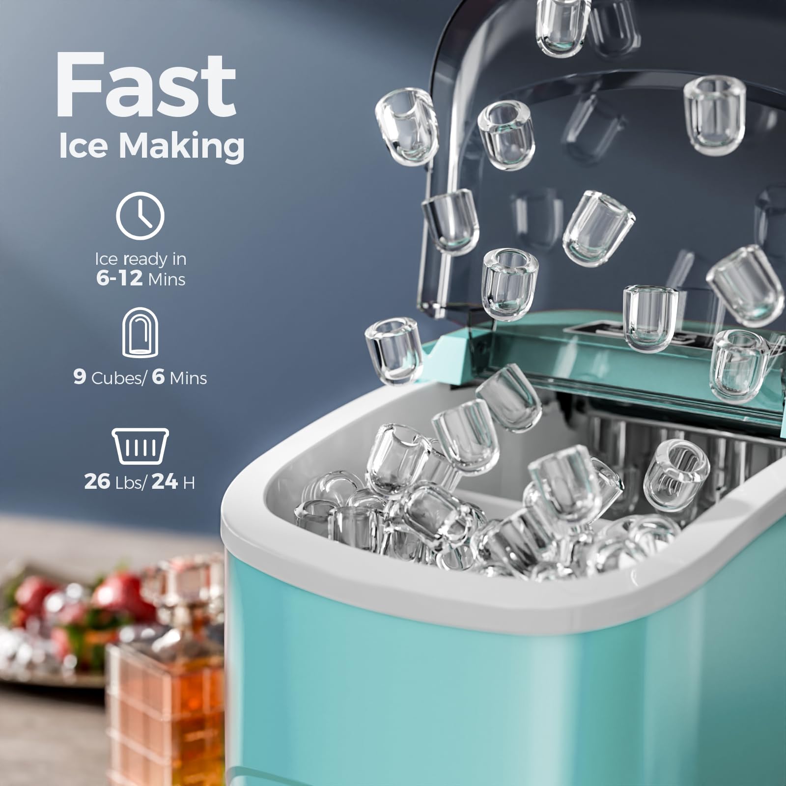 Electactic Ice Makers Countertop,26Lbs/24H,9 Cubes in 6 Mins,Portable Ice Maker Machine with Self-Cleaning,2 Sizes of Bullet Ice,Perfect for Home Kitchen(Green) on Fridge.com