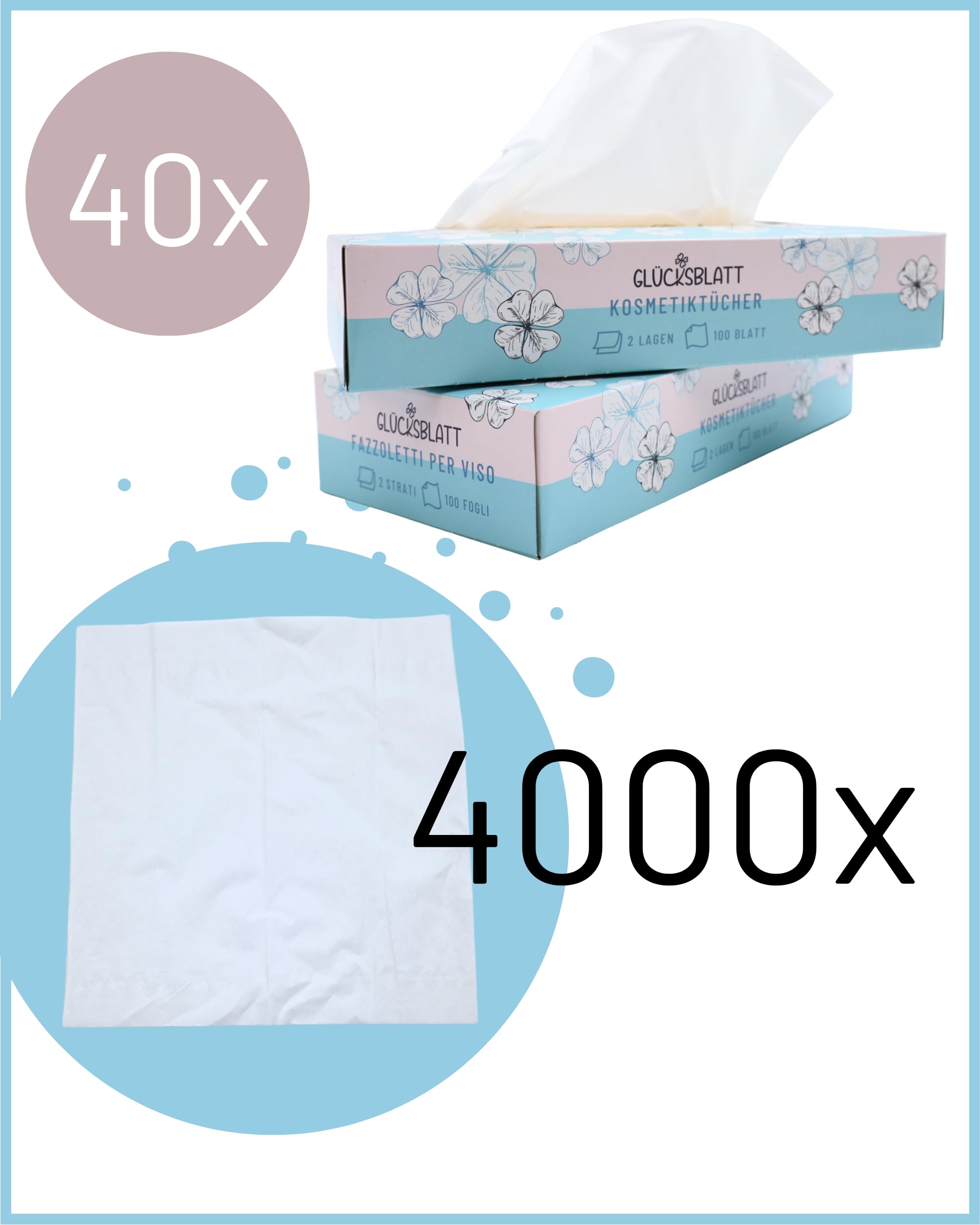 Glücksblatt Fazzoletti da trucco a 2 strati, 4000 salviette, 40 x 100 fogli, morbidi e delicati, adatti a tutti i comuni sistemi di erogazione