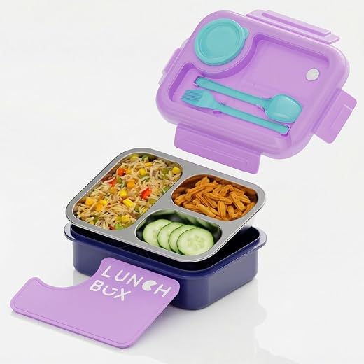 MEDALLIX 3 Compartment Lunch Box Stainless Steel, Leakproof Airtight Tiffin for Adults &amp; Kids, Ideal for School, Office, C...
