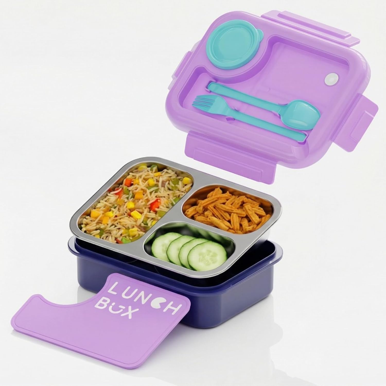 MEDALLIX 3 Compartment Lunch Box Stainless Steel, Leakproof Airtight Tiffin for Adults & Kids, Ideal for School, Office, C...