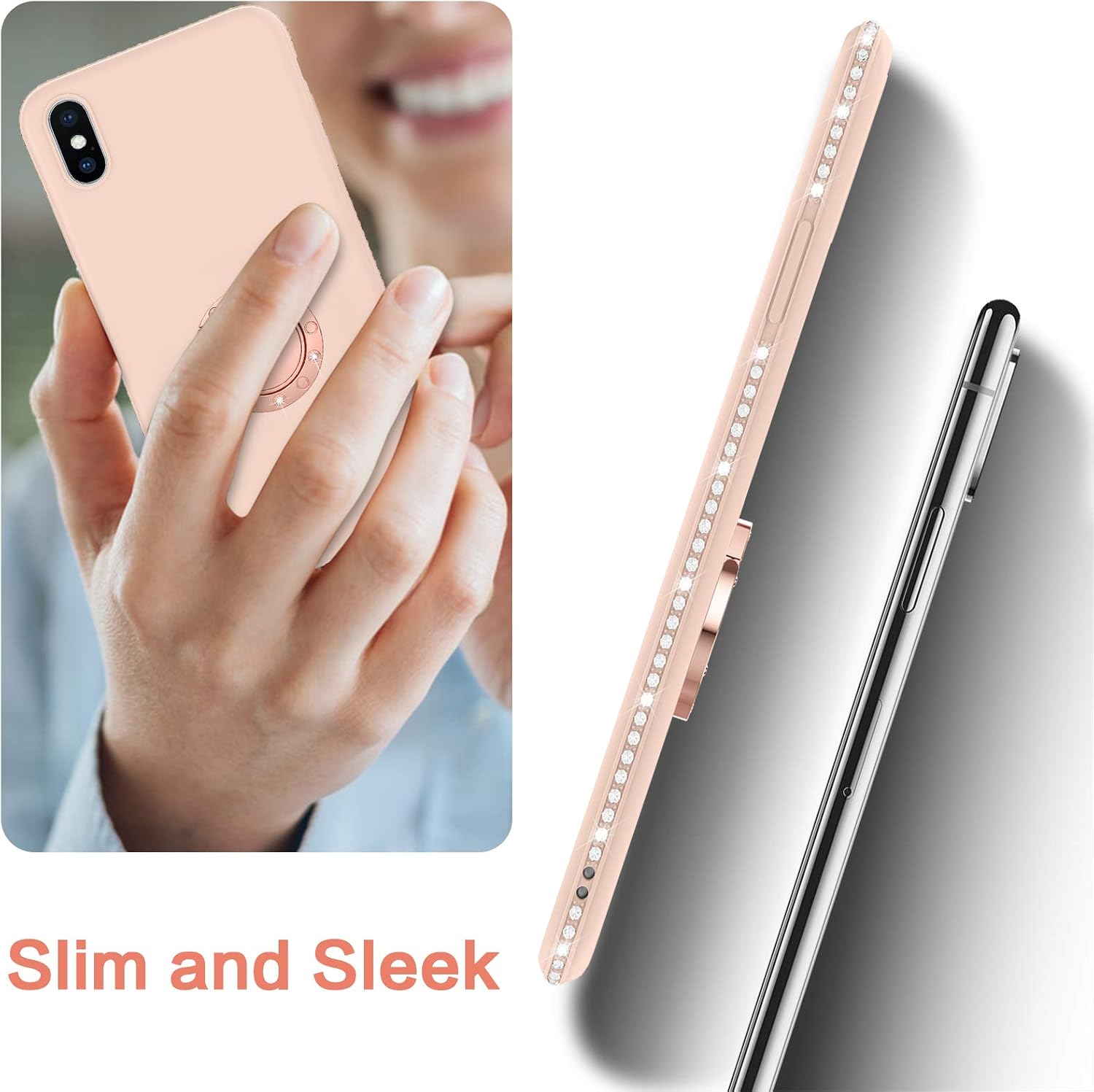 BENTOBEN iPhone XS Case, iPhone X Phone Case, Slim Silicone | 360° Ring Holder Kickstand Soft Rubber Hybrid Hard Protection Shockproof Bumper Non-Slip Cute Girls Women iPhone XS/X/10 Cover, Light Pink