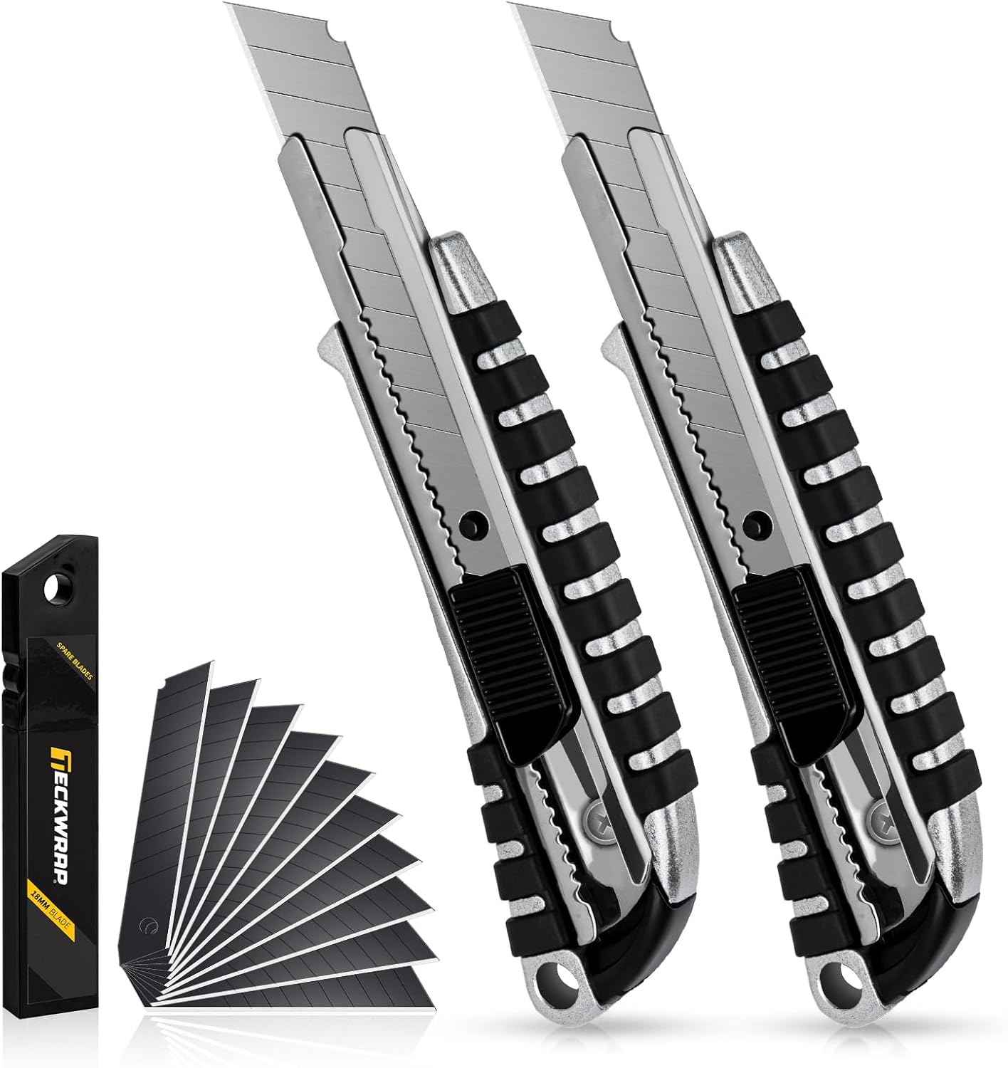 TECKWRAP Utility Knife, Retractable Box Cutter Heavy-Duty Knives for Cardboard, Drywall, Vinyl, Leather, carpet，Crafts, Office & Home Use, Quick Change Blade Razor Knife, 2-Pack with 10 Extra Blades