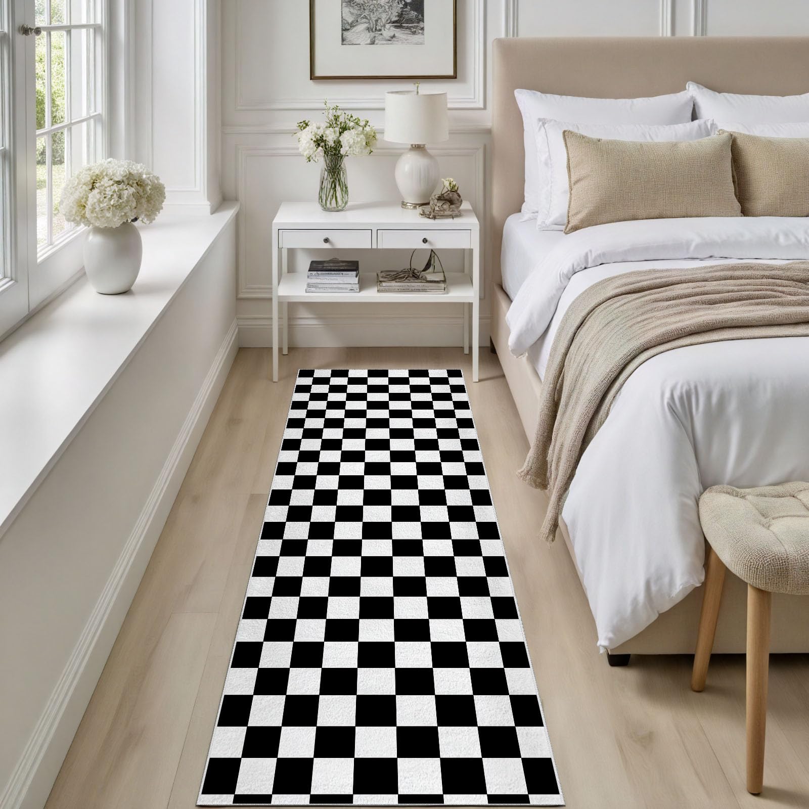 Damier Noir Blanc Tapis de Couloir 80x300cm Antidérapant Plaid Géométrique Tapis de Passage Lavable Doux Minimaliste Moderne Moquette Long Doux pour Chambre à Coucher Couloirs Salon Cuisine