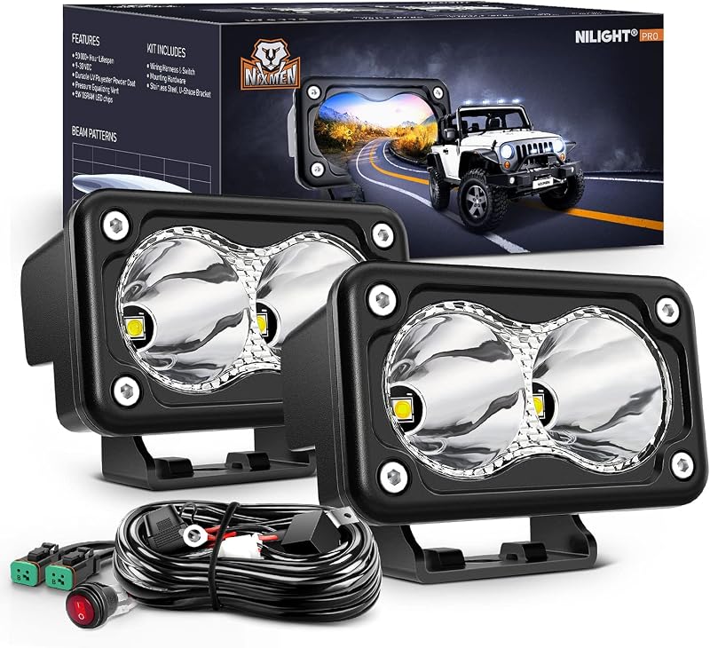 Nilight 2 PCS 3 Inch 1300LM Super Spotlight Motorcycle LED Pods | Built-in EMC for Offroad Fog Driving Lights w/ 16 AWG DT Wiring Kit for Motorbike SUV ATV Truck Boat Tractor Forklift
