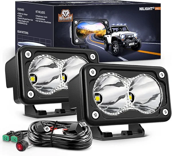 Nilight 2 PCS 3 Inch Motorcycle LED Pods 1300LM Built-in EMC Driving Lights Super Spotlight Offroad Fog Light w/ 16AWG DT Wiring Kit for Motorbike SUV ATV Truck Boat Tractor Forklift