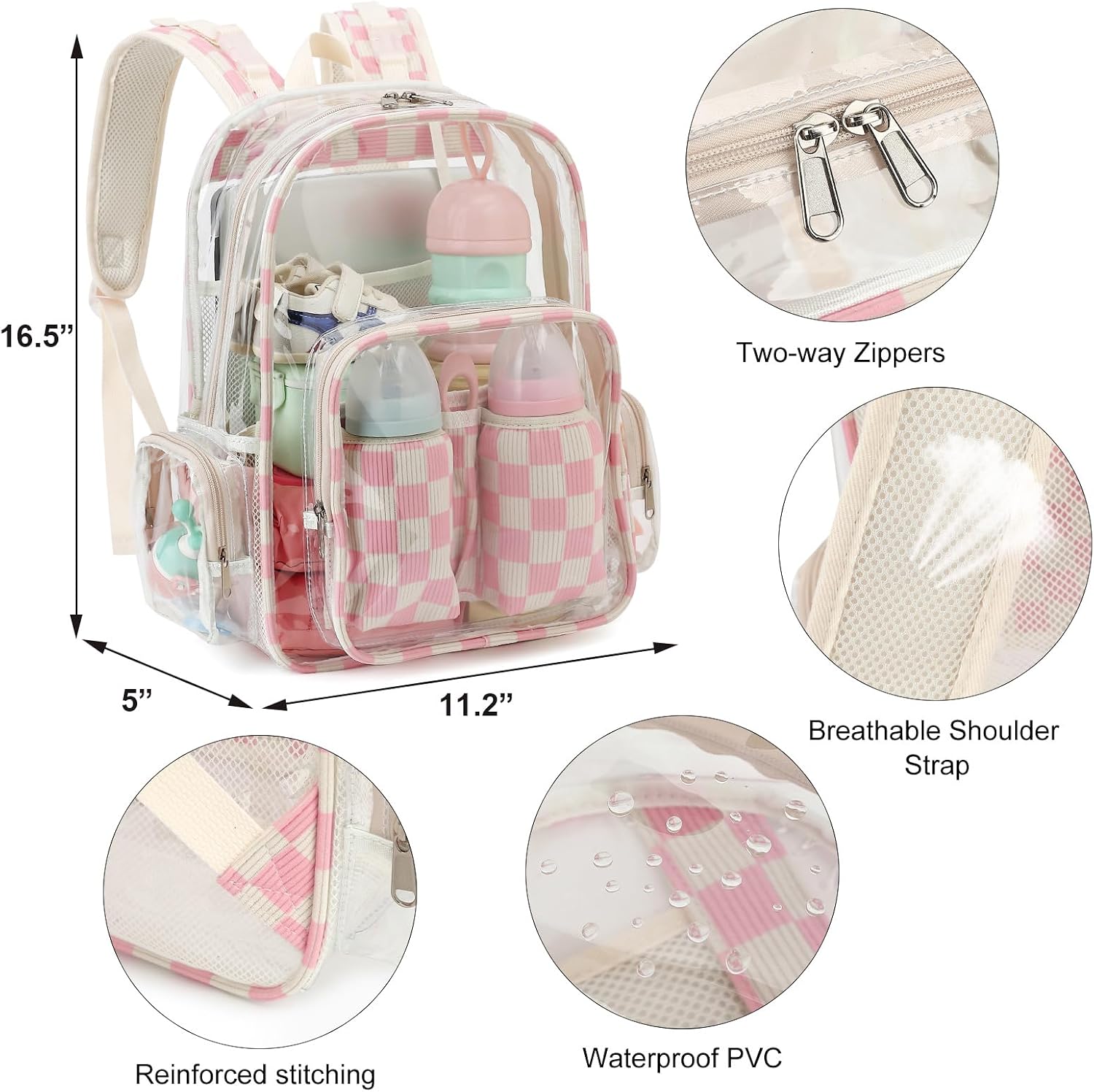 Clear Baby Diaper Bag Backpack for Mom, Large Capacity Travel Nappy Bag for Boys & Girls with Stroller Straps (Corduroy Checkered Pink)