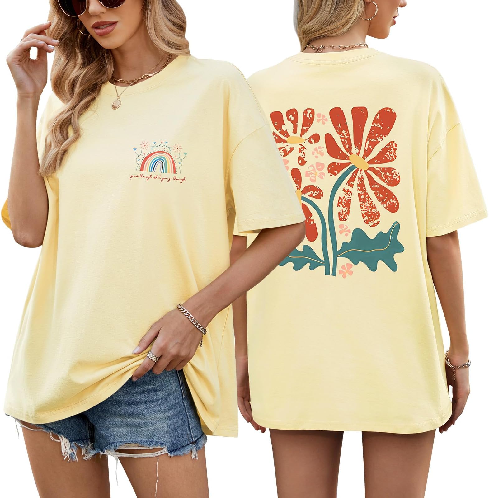 Women's T Shirts Ladies Cotton Oversized T Shirts for Women Plus Size Graphic Tee Shirt Short Sleeve Tshirts Drop Shoulder Casual Baggy Loose Print Tee Shirts