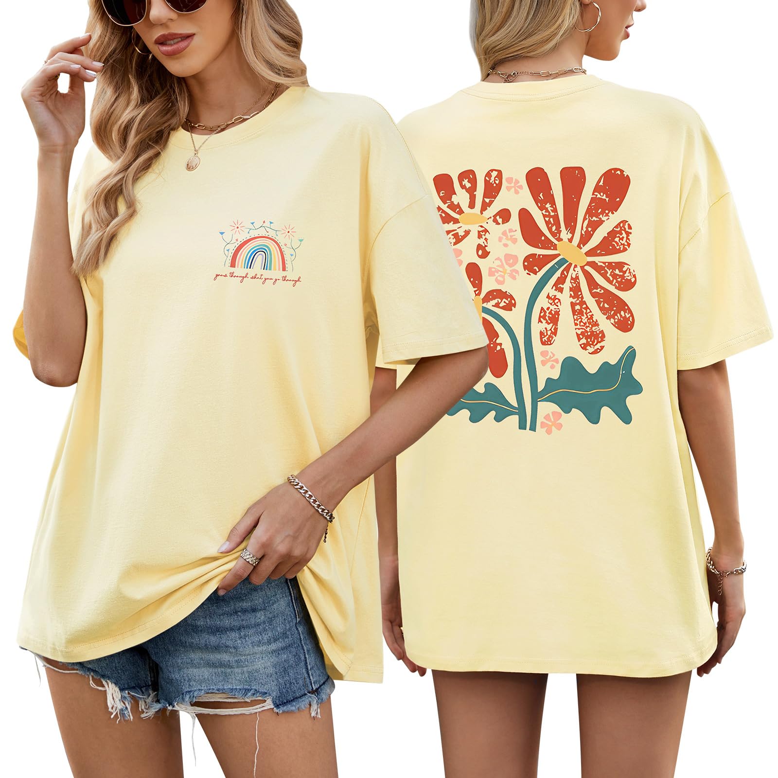 heekpek Oversize Tshirt Damen Baumwolle Rundhals Kurzarm T-Shirt Locker Atmungsaktives Sommeroberteile Lässige Basic T Shirt für Teenager Mädchen mit Regenbogen und Blumendruck