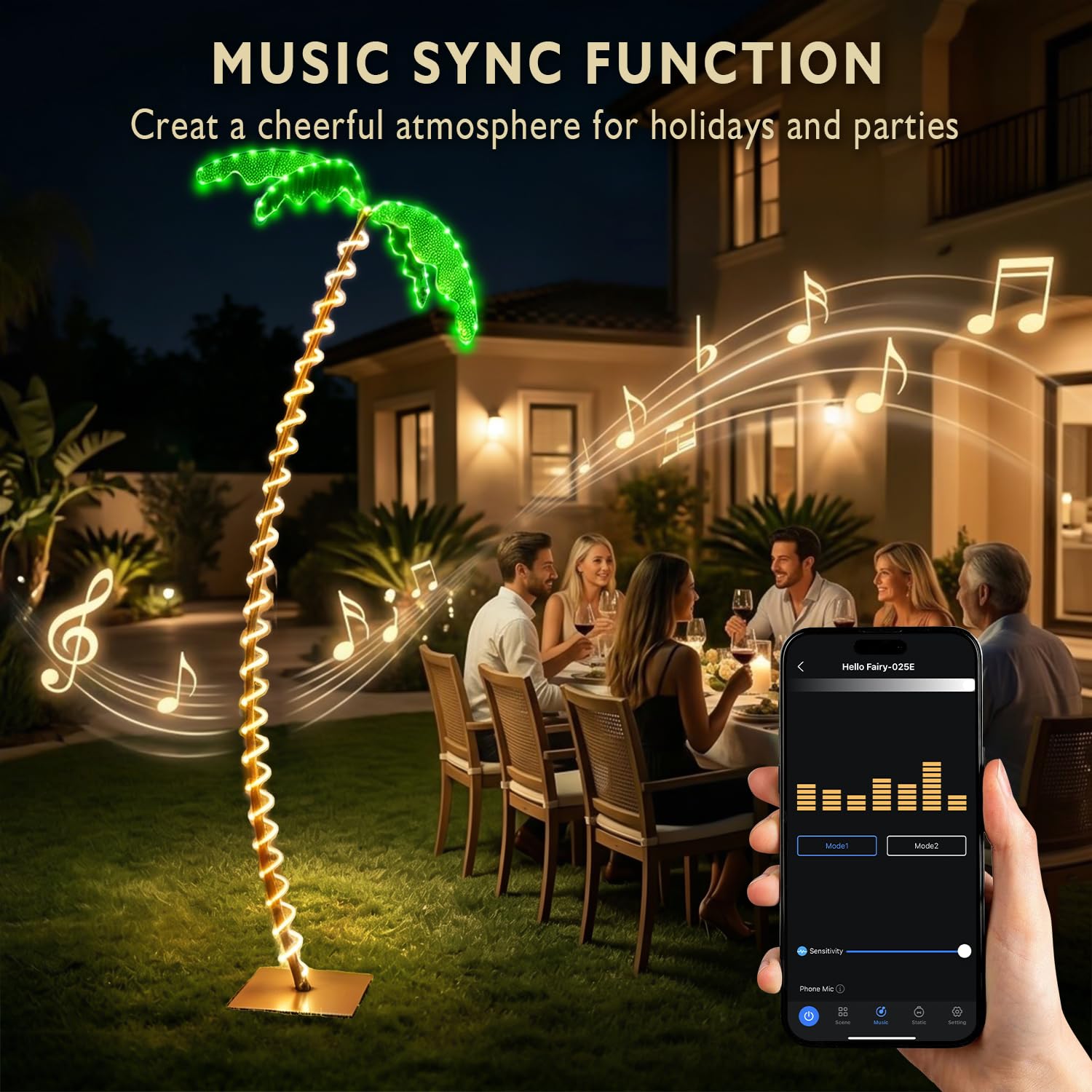 Palma artificiale illuminata per patio esterno, app e telecomando, con tronco in metallo e corda LED, per patio, piscina, cortile, decorazione per feste, timer, sincronizzazione musica