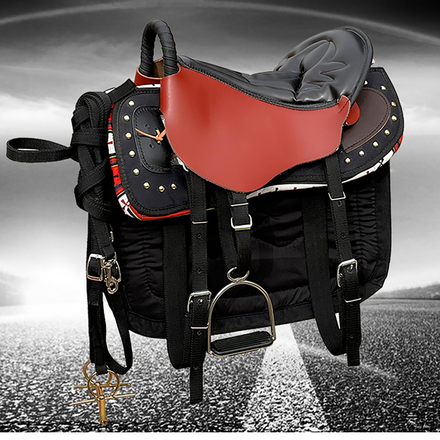 NILoykg& Set da 8 Pezzi per Sella per Cavallo, Kit Completo per Sella con staffe, staffe in Cuoio, sottopancia, Sopracciglia, sottosella, redini e Corda di Piombo,Nero