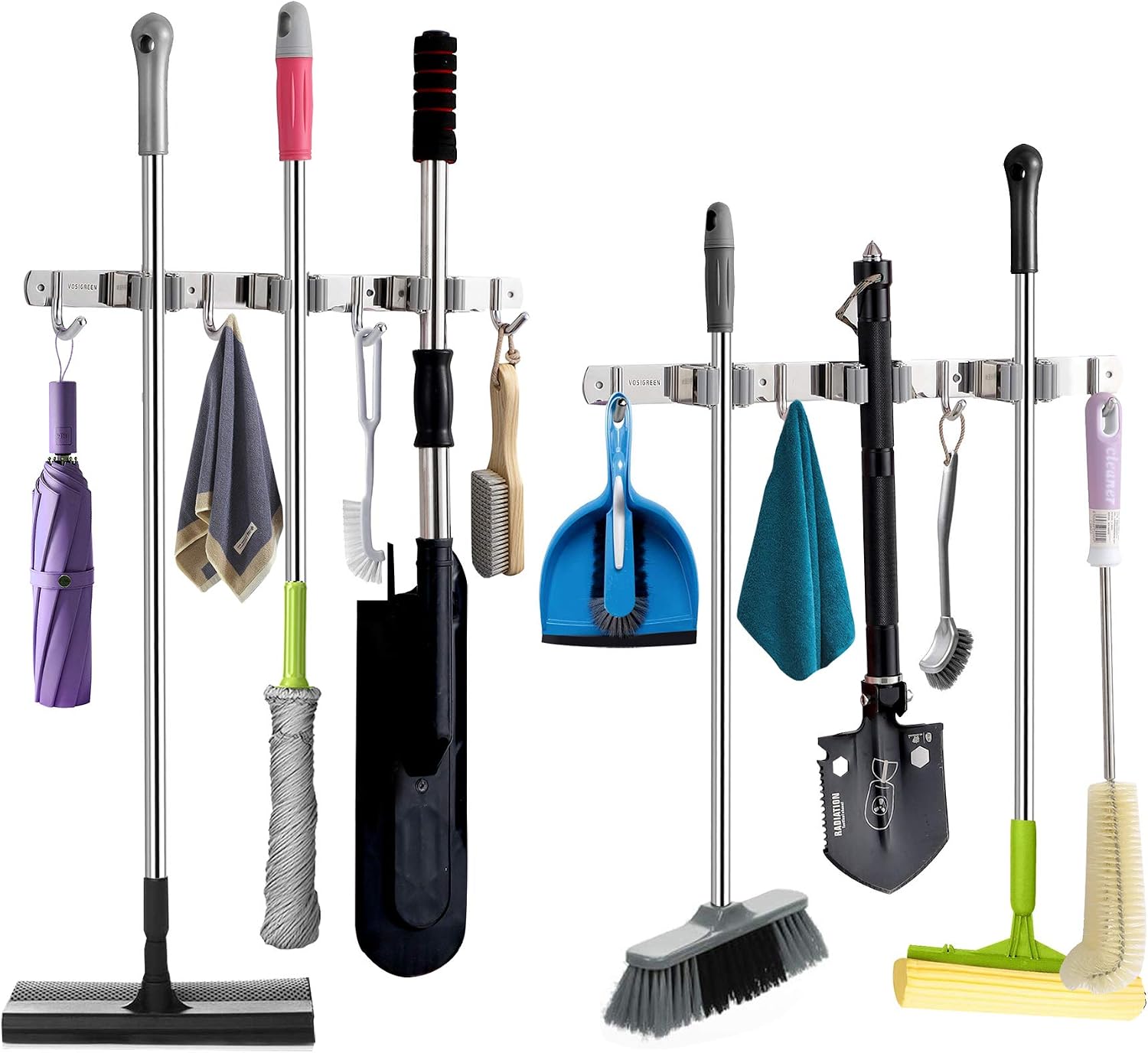 VOSIGREEN Broom & Mop Holder, Wall Mount Organizer Hanger for Rakes, Utensils, Tools-3 Clamps, 4 Hooks-17” Self Adhesive or Drillable Installation-For Kitchen, Garage, Garden, Office, Closet, 2 Pack