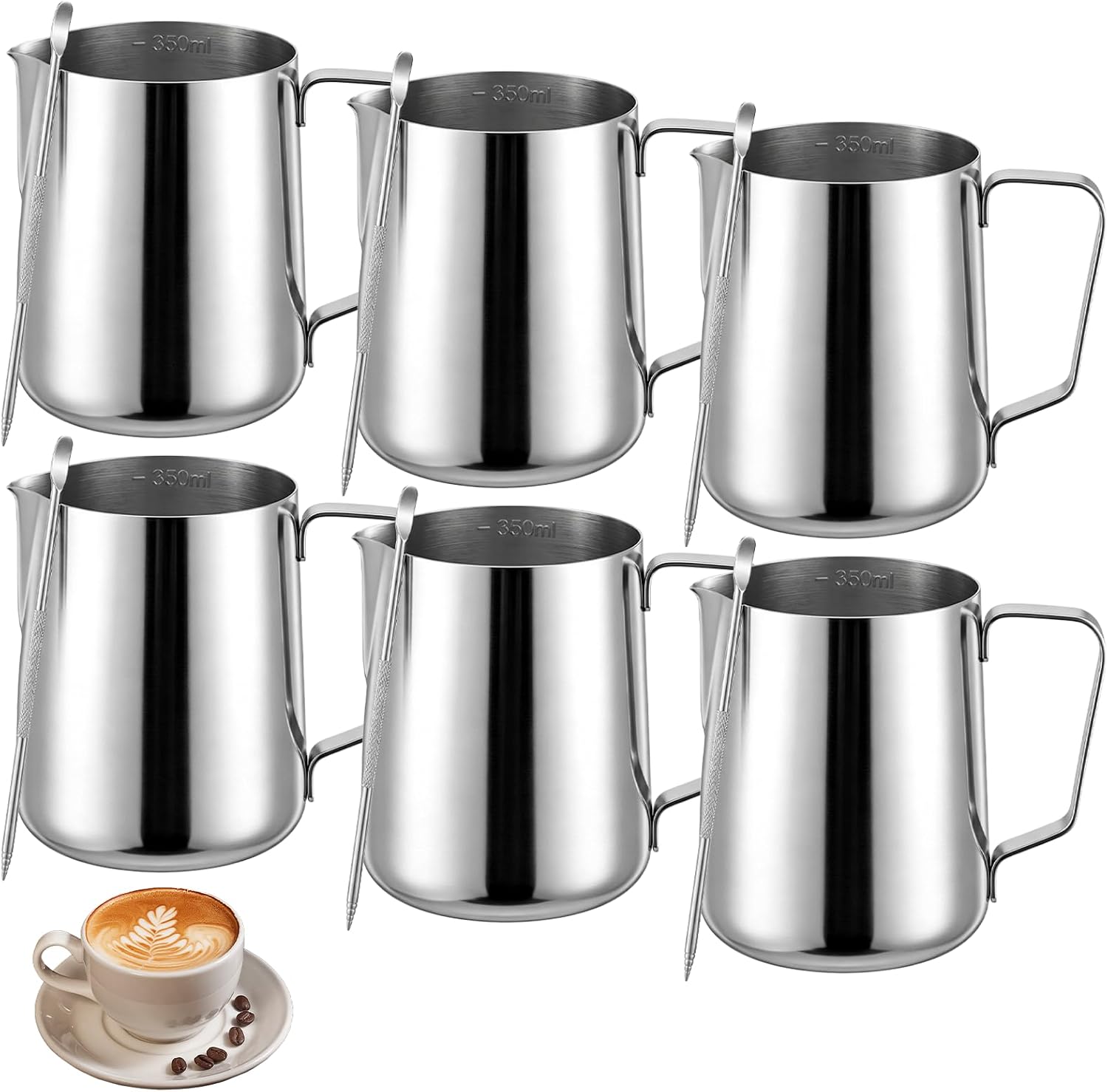 6 Pcs 12oz Milk Frothing Pitcher, 304 Stainless Steel Steaming Pitchers | Espresso Steaming Pitchers with Decorating Pen, Milk Steamer Cup Frother Jug for Espresso, Coffee Bar, Latte Art, Cappuccino