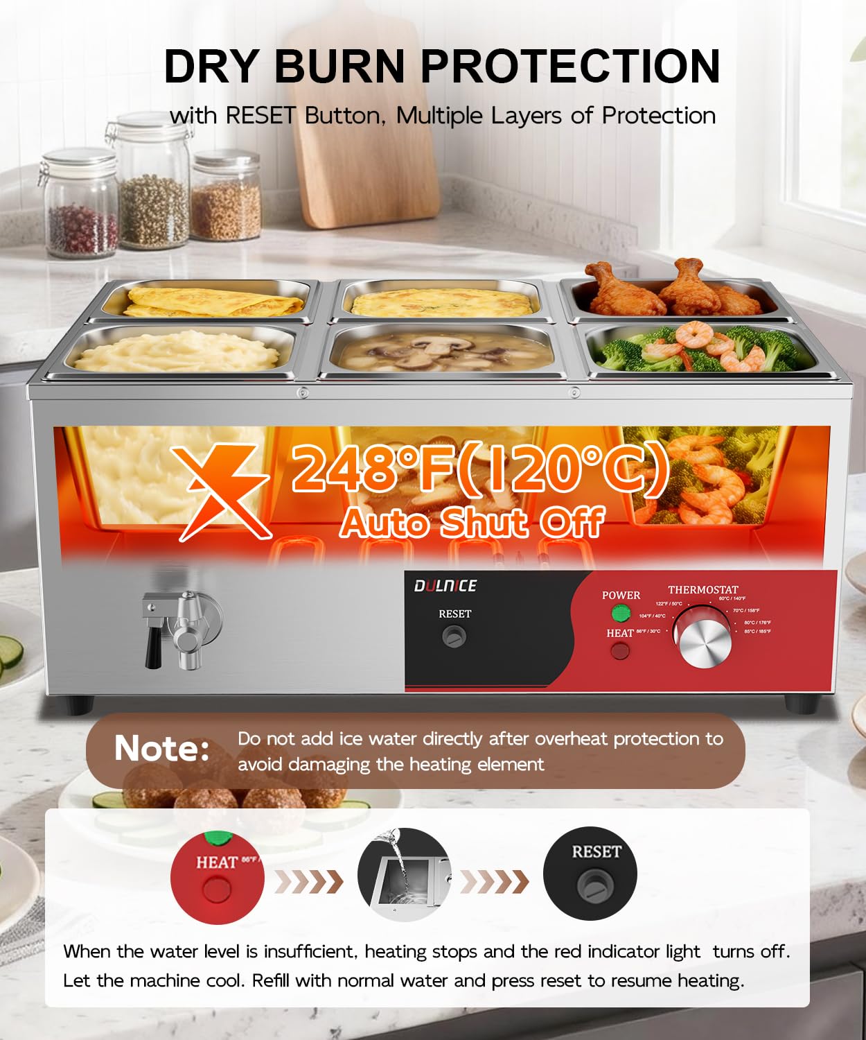 Bain-Marie Électrique 6 bacs avec Réinitialisation, Réchauffeur Électrique Commercial pour Buffet 1500W avec Robinet de Vidange et Cuillère à Soupe pour Cantines et Cafés, Contrôle de la