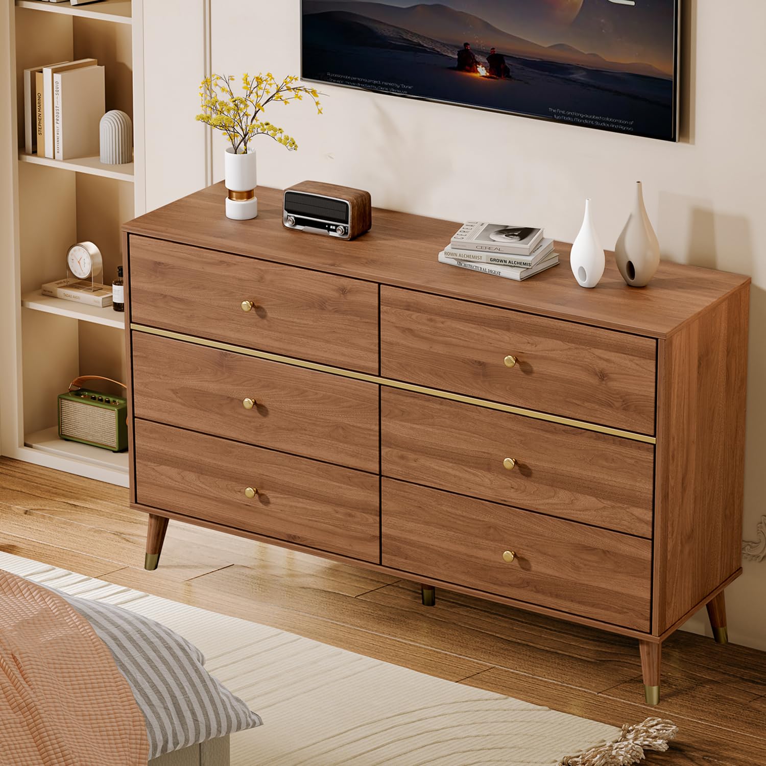 Cómoda de 6 cajones, cómoda de mediados de siglo de 47 pulgadas de ancho, cómoda de madera para dormitorio con 6 cajones de almacenamiento para dormitorio, sala de estar, con dispositivo 7