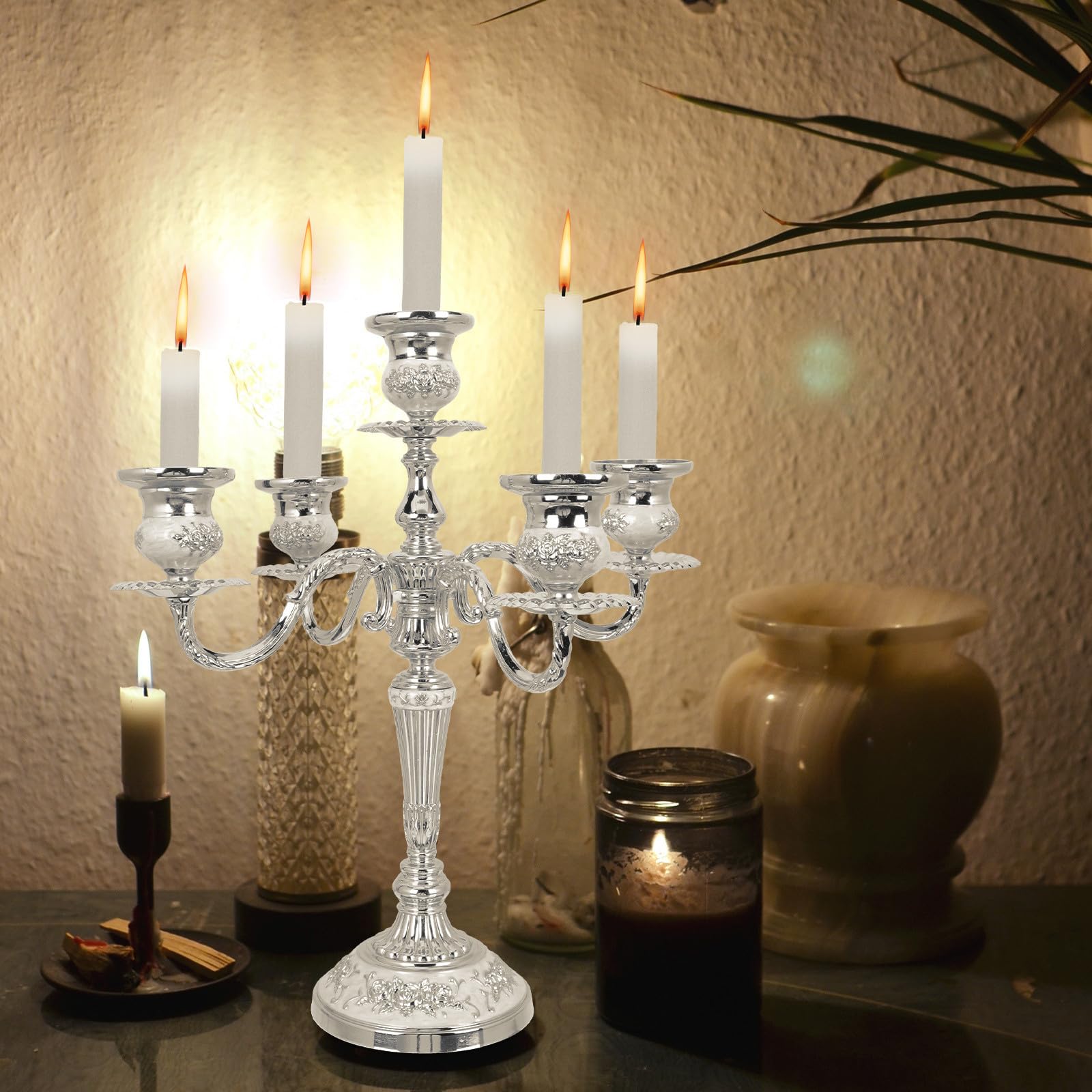 INOOMP Fünf Kopf Kerzenhalter aus Eisen im Retro Stil Silberfarbener Metall Kerzenständer für Romantisches Candlelight Dinner und Stilvolle Tischdekoration zu Hause
