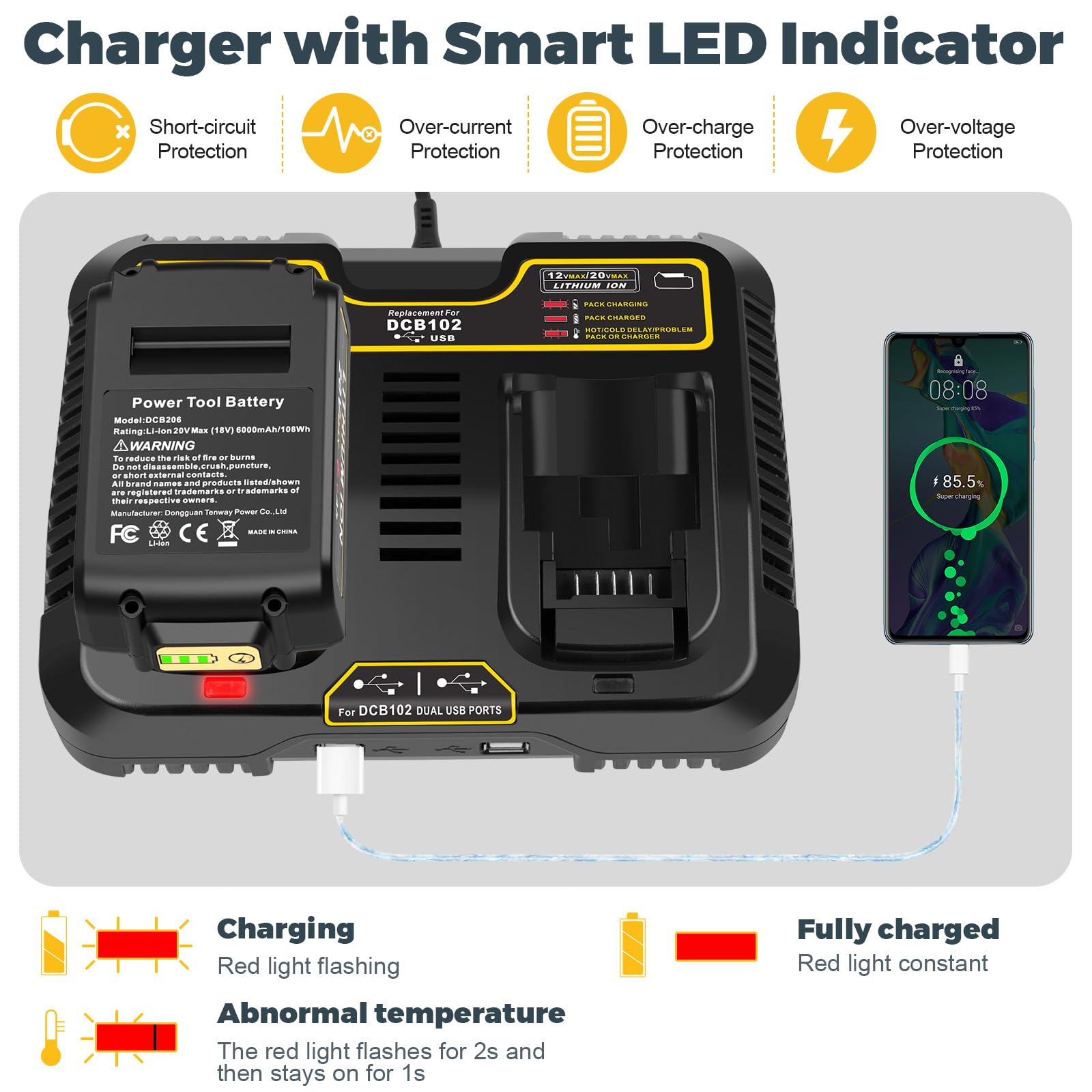 PENGJBATTER Paquete de 4 baterías de repuesto de 20 V 6.0 Ah para batería Dewalt de 20 V con cargador DCB102 de doble puerto de 20 V, batería de 20 V 6.0 Ah con cargador de 20 V compatible con