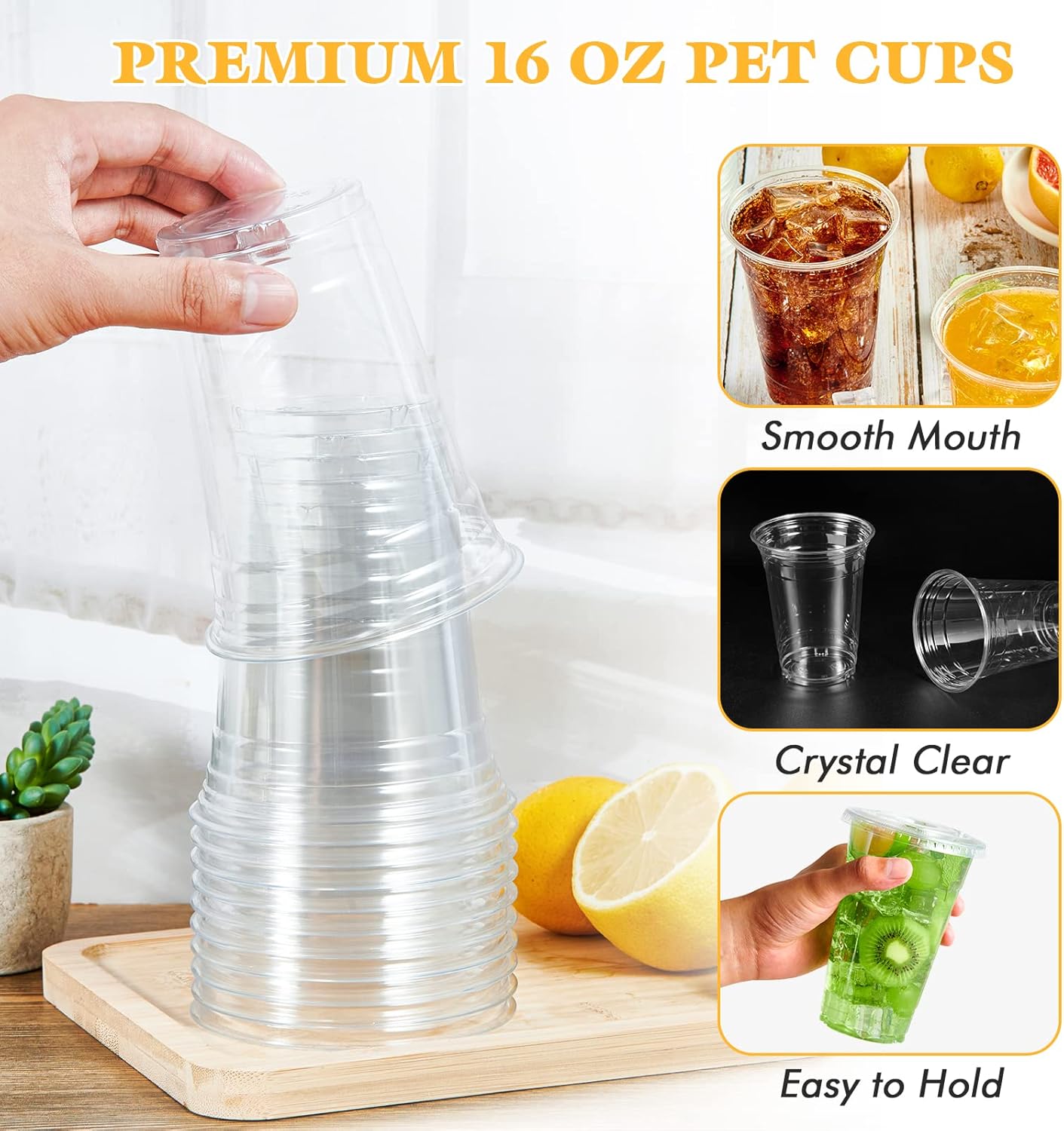 Vplus 160 Pack 16 OZ PET Clear Plastic Cups with Lids, 16 OZ Crystal Cold Disposable Drinking Plastic Cups with Flat Lids, Perfect for Ice Coffee, Smoothie, Juice