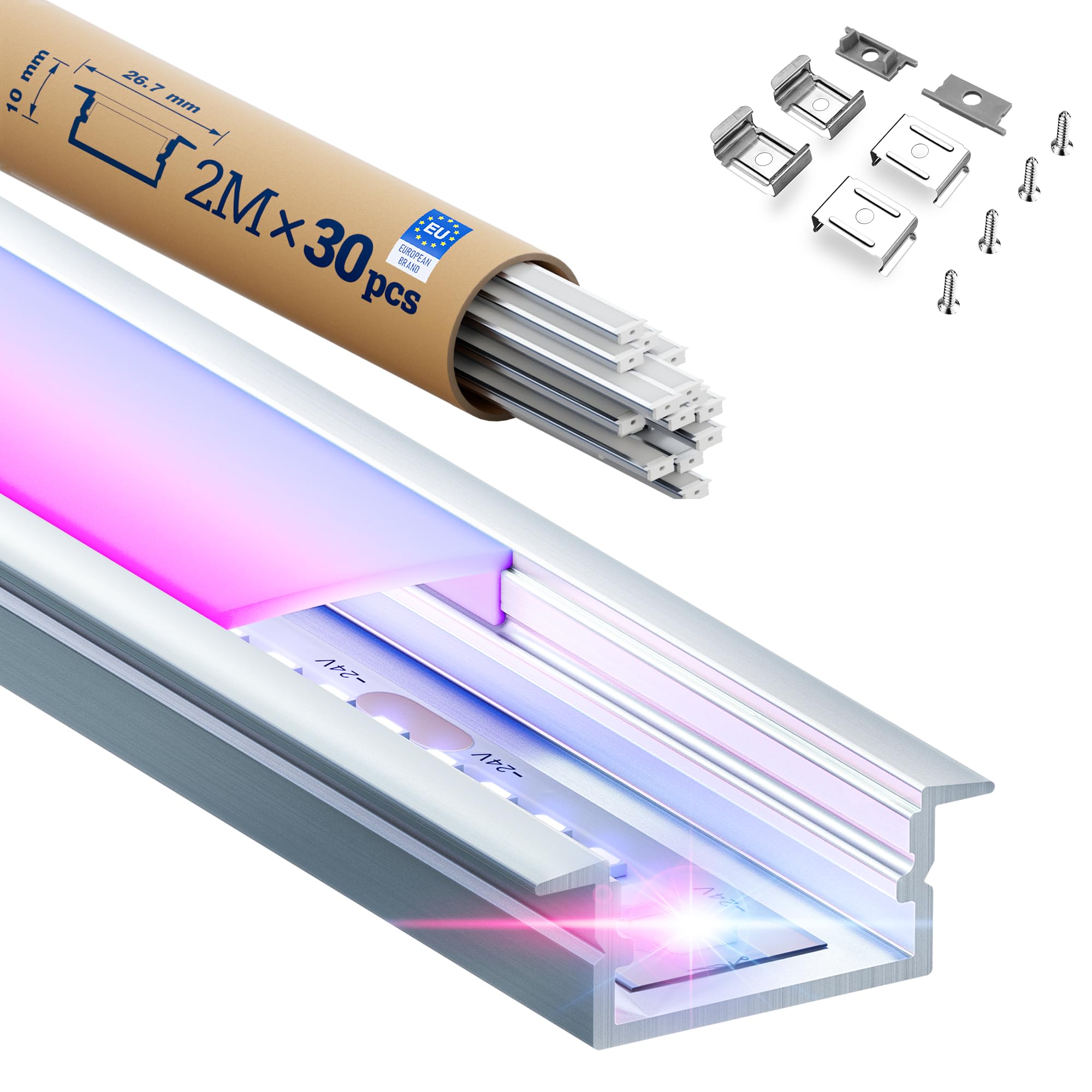 Profilé Alu pour Ruban LED 30 x 2m, Profilé Aluminium LED pour Plafonds Forme en U L2000 x 26,7 x 10 mm, Canal Led et Diffuseur LED avec Embouts, Clips de Montage en Métal