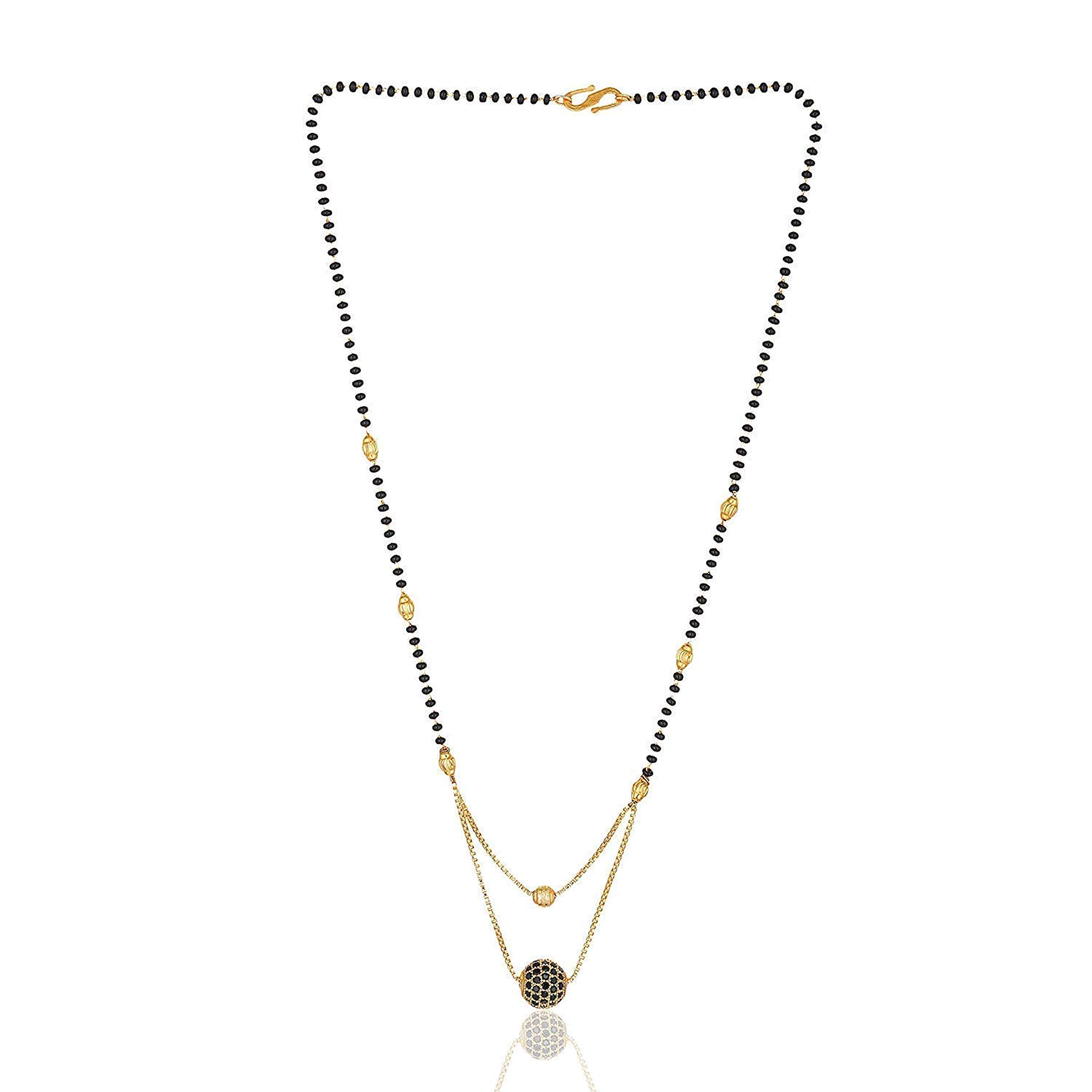 Gold Plated Round American Diamond Mangalsutra Necklace Pendant Tanmaniya Nallapusalu Black Chain For Woman and Girls Black-image-1