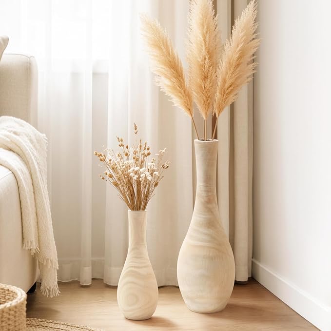 Floor Vase Home Decor, Tall Vases for Floor Set of 2 (22.2 in and 13.4in Combo Set), Wood Floor Vases Decorative Tall for Living Room, Oak